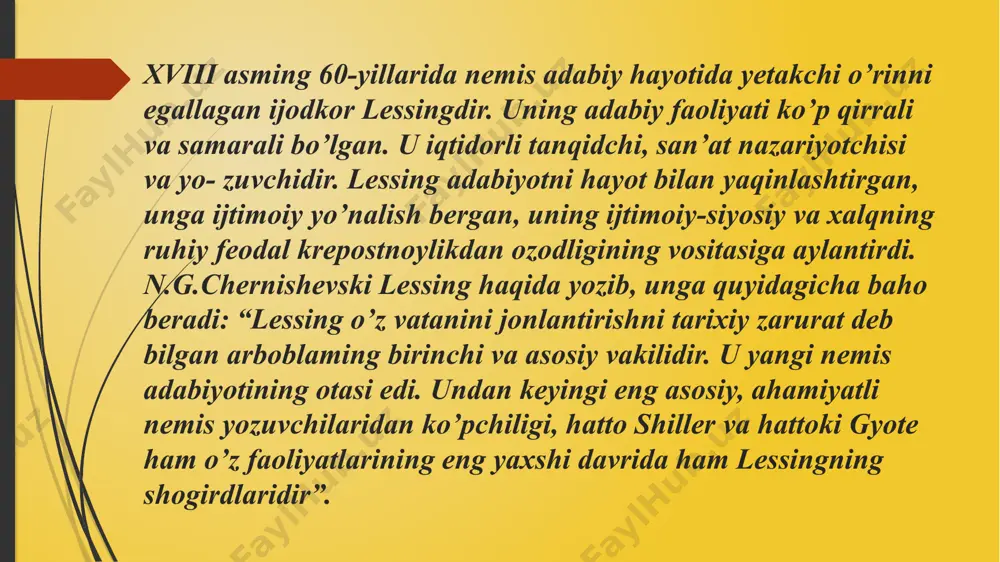 qaysi asari muallifning nemis jamiyatihayotini kuzatishining natijasi o’laroq dunyoga kelgan? javob “minna fon barnhelm” 5-savol lessingning gumanizmning g’oyalarining himoyasiga bag’ishlanganfalsafiy risolasi? javob “inson zotini tarbiyalash” 6-savol lessingning tasviriy san’at bilan poeziya orasidagi chegara masalasiga bag’ishlangan asari? javob “laokoon” 7-savol lessing ma’rifatparvarlik davridagi eng nazariy ish-… asarida yaratadi? javob “hamburg dramaturgiyasi” 8-savol qaysi asari lessing endigina tuzilgan birinchi milliy teatrga adabiy emakdosh bo’lib kelgach,yil davomida shu teatr spektakllariga yozilgan jurnal maqolalari majmui tarzida paydo bo’lgan? javob “hamburg dramaturgiyasi” asari 9-savol lessing qaysi asarini ingliz namunalariga, xususan lilloning “ london savdogari” pyesasiga taqlidan yozgan? javob “oyimsiz sara sampson” 10-savol lessing qaysi asar qahramonlarini germaniyadagi harbiy muhitdan izlab topadi? javob “minna fon barnhelm” asari qahramonlarini image1.jpeg