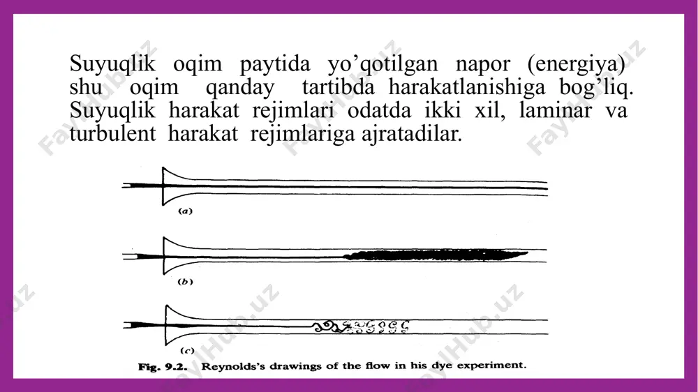 nligini bildiradi; suyuqlik oqimining tezligi quvurda orttirilsa, rangli suyuqlik chizig‘i harakati to‘lqinsimon tus oladi, so‘ngra uning ayrim qismlarida uzilishlar paydo bo‘ladi va biror aniq tezliklar qiymatida esa mutlaqo bo‘lakchalarga ajraladi, keyin o‘rganilayotgan suyuqlik oqimiga butunlay aralashib ketadi hamda rangli suyuqlik quvurning butun hajmi bo‘ylab tarqalib, hamma suyuqlik massasi bir xil rangga kirib oqadi; suyuqlik zichligiga teng bo‘lgan mayda, qattiq, suyuqlikda erimaydigan zarrachalarni aralashtirilsa, bu zarrachalar suyuq­likning elementar naychasi chizadigan murakkab egri chiziqli trayektoriyalarni chizadi. truboprovodning diametri , agar oqim sarfi va suvning temperaturasi bo’lsa, suvning harakat tartibini aniqlang. e’tiboringiz uchun rahmat! image1.png image3.jpeg image4.png image5.jpeg image6.jpeg image7.png image8.png image9.jpeg image10.jpeg image110.png image11.png image111.png image12.png image13.emf image14.emf image15.emf image18.png image14.png image16.jpeg image17.png image24.png image18.jpeg image2.jpeg image19.png 2110_laminar and turbulent /docprops/thumbnail.jpeg