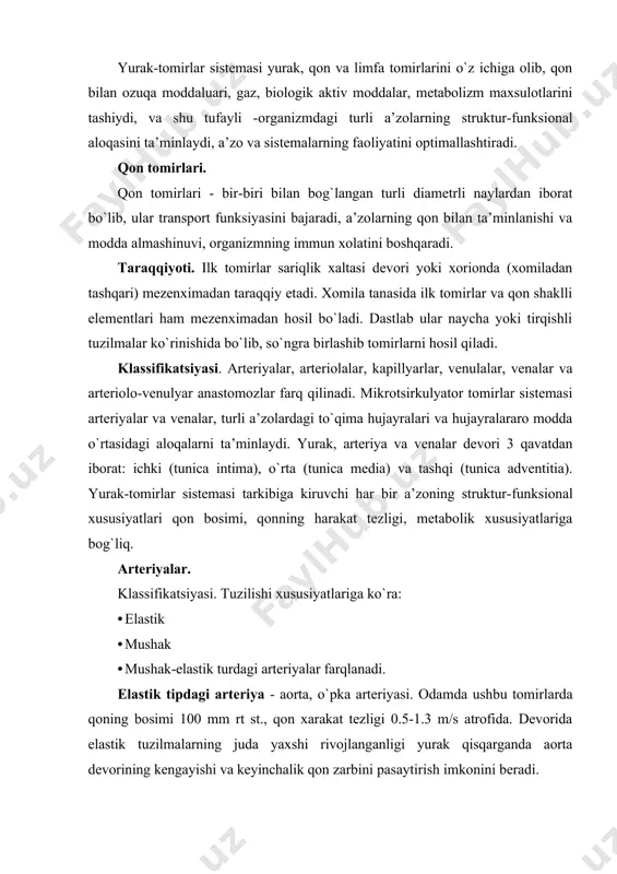 beradi. aortaning ichki pardasi: a) endoteliy (endothelium); b) subendoteliy (stratum subendothelium) va v) elastik tolalar chigali (plexus fibroelasticus) qavatlaridan iborat. endoteliotsitlar - uzunligi 500 va qalinligi 150 mkmli yassi hujayralar, odatda 1 ta yadro, kamdan-kam xollarda bir necha yadroga ega bo`lishi mumkin. sitoplazmasida mitoxondriya va mikrofilamentlar yaxshi, endoplazmatik to`r kuchsiz rivojlangan. subendoteliy qavati - siyrak tolali shakllanmagan biriktiruvchi to`qimadan iborat, ko`plab yulduzsimon hujayralar tutadi; ayrim silliq mushak hujayralari uchraydi; o`rta parda bilan chegarasida nozik elastik tolalar chigali joylashgan. o`rta qavati 50-70 darchali elastik membranalar va spiralsimon yo`nalgan silliq miotsitlardan iborat. silliq miotsitlar, darchali elastik membranalar o`zaro bog`langan va aorta devorining yuqori elastikligini ta’minlab, qon zarbini kamaytiradi. tashqi parda siyrak tolalai shakllanmagan biriktiruvchi to`qimadan iborat bo`lib, tarkibida bo`ylamasiga yo`nalgan elastik va kollagen tolalar, tomirlar devorini oziqlantiruchi tomirchalar va innervatsiya qiluvchi nerv tolalarini tutadi. sog`lom tomirlarda endoteliy antitrombogen omilni ishlab chiqaradi, qonnnig shaklli elementlari, jumladan eritrotsitlar, trombotsitlarning cho`kmaga tushib qolishiga to`sqinlik qiladi. …