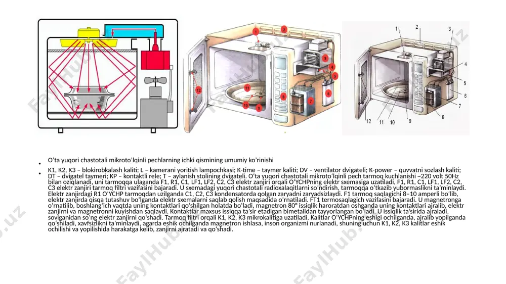 magnetronni himoyalash uchun turli usullardan foydalaniladi. 1. termostat. bu qurilma magnetronni va grilni himoyalash maqsadida foydalanilgan. termostat ma’lum haroratga mo‘ljallab o‘rnatiladi, shu harorat darajasidan ortsa, termostat plastinkalar egilib elektr zanjirni uzib himoyalaydi. 2. ventilator. u magnetron radiatorini sovitishidan tashqari, boshqa foydali ishlarni ham bajaradi. elektron komponentlarni sovitadi, gril ishlayotgan vaqtda kameraning sirkulatsiyasini ta’minlaydi, kameradan chiqayotgan bug‘ni maxsus tirqishdan tashqariga chiqarib yuboradi. 3. blokirovka tizimi. bir necha mikrokalitlar mikroto‘lqinli pech eshigining vaziyatini nazorat qiladi. eshik ochiq turganda magnetronni ishga tushirmaydi, eshik yopilganda mikrokalitlar qo‘shilib, mikroto‘lqinli pechni ishga tushiradi. o’ta yuqori chastotali mikroto’lqinli pechning magnetronini tekshrish jarayoni magnetron katodi ikkita trubkadan tuzilgan bo‘lib, u emissiya hosil qilish uchun xizmat qiladi. buning uchun katod faollashtirilgan materialdan tayyorlangan bo‘lishi va katoddan tok oqib o‘tganda katod qizishi kerak bo‘ladi, shunda elektron emissiya hosil bo‘ladi. anod silindr shaklda metalldan tayyorlanadi. uning ichida rezonator joylashtirilgan. anod markaziga katod o‘rnatilgan, anod va katod kuchli magnit va elektr maydoni …