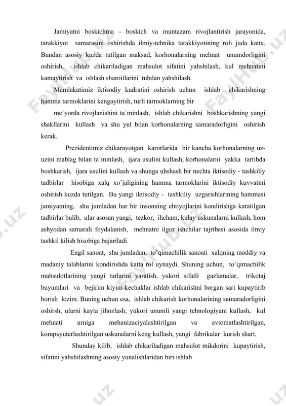 hun esa, ishlab chikarish korhonalarining samaradorligini oshirsh, ularni kayta jihozlash, yukori unumli yangi tehnologiyani kullash, kul mehnati urniga mehanizaciyalashtirilgan va avtomatlashtirilgan, kompьyuterlashtirilgan uskunalarni keng kullash, yangi fabrikalar kurish shart. shunday kilib, ishlab chikariladigan mahsulot mikdorini kupaytirish, sifatini yahshilashning asosiy yunalishlaridan biri ishlab turgan fabrikalarning tehnikasini, uskunalarini yangilash va yangi fabrikalarni kurish hisoblanadi. yangi fabrikalarni loyihalash va eskilarni kayta jihozlashda ishlab chikariladigan mahsulotlar assortimentini kengaytirish, sifatini yahshilash, kul mehnatini kamaytirish, fabrika cehlarida ishlash sharoitini yahshilash, ishchilarning hordik chikarish honalarini tashkil kilish masalalari kuzda tutilishi kerak. bundan tashkari, har kanday yangi loyihalanadigan va kayta jihozlanadigan korhonalardan olinadigan samaraning yukori bulishini kuzlash kerak. eng avvalo ish usullari samarali, ishlab chikariladigan iplarning tannarhi arzon, kam mehnat talab kilishini kuzda tutish kerak. bu kursatkichlarga erishish uchun esa kabul kilinadigan mashinalar yukori unumli , ihcham bulishi, kam mehnat talab kilishi, tehnologik jarayonlar, ip yigirish rejalari mohirona tuzilishi, yigirishda kam chikindi chikarish yullarini topish, galtaklar sigimini oshirish, …