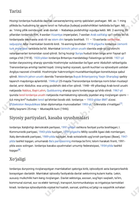 =qirol_abdullah_ii&action=edit&redlink=1 https://uz.m.wikipedia.org/w/index.php?title=iordaniya_yetakchilari&action=edit&redlink=1 https://uz.m.wikipedia.org/w/index.php?title=abdulla_al-nussur&action=edit&redlink=1 https://uz.m.wikipedia.org/w/index.php?title=millatlar_ligasi&action=edit&redlink=1 https://uz.m.wikipedia.org/wiki/birlashgan_qirollik https://uz.m.wikipedia.org/wiki/maydon https://uz.m.wikipedia.org/wiki/maydoniga_ko%ca%bbra_davlatlar_ro%ca%bbyxati https://uz.m.wikipedia.org/wiki/maydoniga_ko%ca%bbra_davlatlar_ro%ca%bbyxati https://uz.m.wikipedia.org/wiki/aholi_bo%ca%bbyicha_davlatlar_ro%ca%bbyxati https://uz.m.wikipedia.org/wiki/aholi_bo%ca%bbyicha_davlatlar_ro%ca%bbyxati https://uz.m.wikipedia.org/wiki/aholi_zichligi https://uz.m.wikipedia.org/wiki/yalpi_ichki_mahsulot https://uz.m.wikipedia.org/w/index.php?title=xaridor_qobiliyat_tengligi&action=edit&redlink=1 chiqarish va torshon sanoatida, qolganlari boshqaruv tizimi[4], taʼlim, savdo, transport va harbiy sohalarda xizmat qiladi. yirik shaharlari: ammon, az-zarqa, irbid, al-xalil[5]. iordaniya muhofazalari iordaniya hududi 12 ta muhofazaga boʻlinadi. № muhofaza muhofaza (ing.) maʼmuriy markazi maydoni, km²[6] aholisi, (01.01.2012), kishi[6] zichlik, kishi/km² 1 aljun ajlun aljun 420 143 700 342,14 2 aqaba aqaba aqaba 6 905 136 200 19,72 3 ammon amman ammon 7 579 2 419 600 319,25 4 jerash jerash jerash 410 187 500 457,32 5 irbid irbid irbid 1 572 1 112 300 707,57 6 maʼan maʼan maʼan 32 832 118 800 3,62 7 madaba madaba madaba 940 156 300 166,28 8 az-zarqa zarqa az-zarqa 4 761 931 100 195,57 9 al-balqa balqa es-salt 1 120 418 600 373,75 10 al-kerak kerak al-kerak 3 495 243 700 69,73 11 al-mafraq mafraq al-mafraq 26 551 …