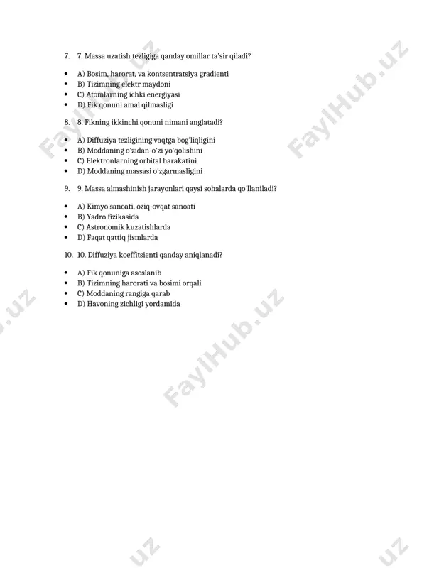 fizikasida c) astronomik kuzatishlarda d) faqat qattiq jismlarda 10. diffuziya koeffitsienti qanday aniqlanadi? a) fik qonuniga asoslanib b) tizimning harorati va bosimi orqali c) moddaning rangiga qarab d) havoning zichligi yordamida /docprops/thumbnail.jpeg