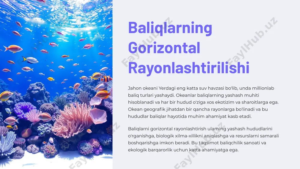 bu esa baliq populyatsiyalarini saqlash va barqaror foydalanish uchun muhimdir. 1 geografik joylashuv baliqlarning yashash joylarini aniqlashda asosiy mezon hisoblanadi. 2 iqlimiy sharoitlar suv harorati va boshqa iqlimiy omillar rayonlashtirishda muhim rol o'ynaydi. 3 ekologik omillar tuzlilik darajasi va oziqlanish manbalari kabi omillar hisobga olinadi. 4 biologik ehtiyojlar baliqlarning moslashuvchanligi va ehtiyojlari asosida mezonlar tanlanadi. 4 okeanning asosiy gorizontal zonalari jahon okeani gorizontal zonalarga bo'linadi, ulardan asosiylari neritik va okeanik zonalardir. neritik zona qirg'oq yaqinida joylashgan bo'lib, quyosh nuri yaxshi yoritadigan hudud hisoblanadi. bu zona biologik xilma-xillikka boy va baliqlar uchun qulay yashash sharoitlarini taqdim etadi. okeanik zona esa chuqurroq va qirg'oqlardan uzoqroq bo'lib, baliqlar uchun turli sharoitlar taqdim etadi. bu zonada quyosh nuri kamroq bo'lsa-da, ko'plab yirik baliqlar va dengiz hayvonlari yashaydi. har bir zona o'ziga xos ekologik sharoitlarga ega va turli xil baliq turlarini o'z ichiga oladi. neritik zona qirg'oq yaqinidagi, quyosh nuri yaxshi yetib boradigan hudud. biologik …