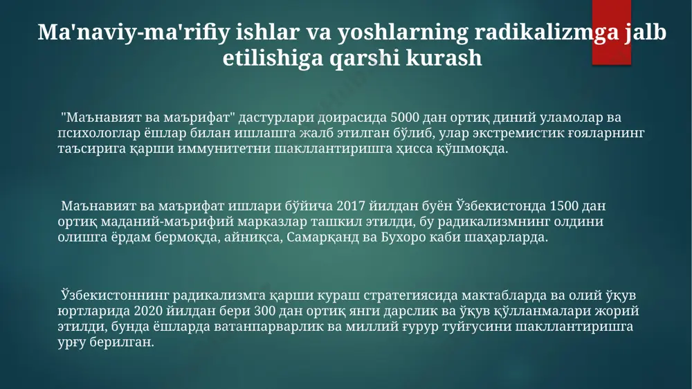 профилактика ва реабилитация дастурларига 10 миллион доллардан ортиқ маблағ йўналтирилган. тошкент шаҳридаги халқаро терроризмга қарши кураш марказининг 2030 йилгача бўлган стратегик режасига кўра, 15 та янги таълим дастури жорий этилади. 2025 йилгача бўлган даврда ўзбекистон терроризмга қарши курашдаги тажрибасини янада мустаҳкамлаш учун 5 та минтақавий ҳамкорлик дастури амалга оширилиши режалаштирилган. terrorizmning iqtisodiy jihatlari va ularga qarshi kurash 2000-yillardan keyin andijon voqealaridan so'ng, o'zbekistonda terrorizmga qarshi kurashda iqtisodiyotni barqarorlashtirishga 5 milliard aqsh dollari miqdorida mablag' sarflandi. 2010-yildan beri o'zbekistonda terrorizmga qarshi kurash doirasida, hududiy rivojlantirish dasturlari orqali 3000 dan ortiq yangi ish o'rinlari yaratildi, bu esa iqtisodiy jihatdan zaif qatlamlarni radikalizmga jalb qilish xavfini kamaytirdi. o'zbekistonning janubiy viloyatlarida, ayniqsa, surxondaryo va qashqadaryo viloyatlarida, terrorizmning iqtisodiy ta'siri fermer xo'jaliklarining 15% ga kamayishiga olib keldi. radikalizm va ekstremizmga qarshi kurash ўзбекистоннинг "радикалizm ва экстремизмга қарши кураш" стратегиясига кўра, 5 йил ичида 3000 дан ортиқ ёшларни радикализмдан асраш ва уларни қайта тарбиялашга қаратилган дастурлар …