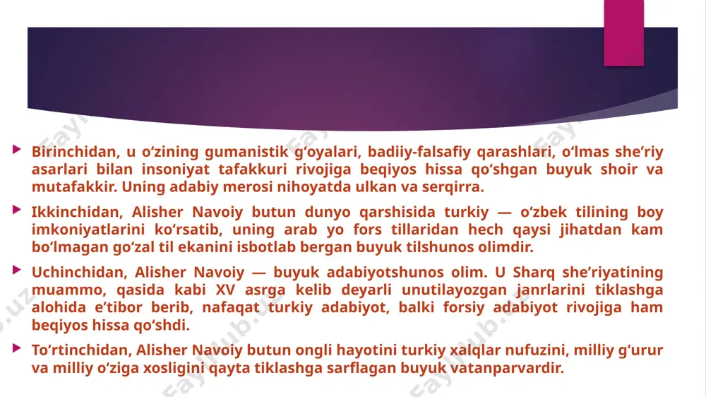 da hikoya qiladi. bundagi ma’lumotlarni navoiy ko‘proq abulqosim firdavsiyning «shohnoma» dostonidan hamda «tarixi tabariy» kitobidan olgan.alisher navoiyning «tarixi anbiyo va hukamo» asari esa islom dini tarixi bilan bog‘liq rivoyatlar va adabiy asarlarni, xususan bir qator payg‘ambarlar hayotini buqrot (gippokrat), aflotun (platon), batlimus (ptolemey) kabi donishmandlarni bilib olish uchun muhim manbadir. ayni vaqtda alisher navoiyning bu asarlari o‘zbek badiiy nasrining qadimiy va go‘zal namunalaridir. sulton husayn boyqaro podshohlik qilgan, alisher navoiy hukumatda bosh vazir vazifasini egallagan paytlarda hech bir mamlakatga qarshi bosqinchilik urushi olib borilmadi. bosh vazir alisher navoiy madaniyat va san’atning chinakam homiysi sifatida taniladi. uning faoliyatida ijtimoiy-siyosiy masalalarni to‘g‘ri hal etishga intilish, jamiyatdagi barcha ijtimoiy qatlamlarga, barcha qavmlarga bir xil munosabatda bo‘lish, hech qaysi birini kamsitmaslik, hammaning manfaatiga barobar xizmat qiladigan jamoat binolarini qurishga alohida e’tibor berish oldingi o‘ringa chiqa boshladi. xondamirning qayd qilishicha, 80-yillar davomida alisher navoiy o‘z mablag‘lari hisobidan hirotda va mamlakatning boshqa shaharlarida bir necha madrasa, …