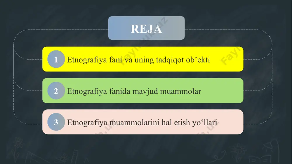 larning o‘tmishi haqida ma’lumot olinsa, sotsiologiya yordamida hozirgi jamiyatdagi etnomadaniy jarayonlar tahlil qilinadi. antropologiya esa insonning biologik va ijtimoiy xususiyatlarini o‘rganib, etnografiya uchun qo‘shimcha asos beradi. arxeologiya orqali esa qadimiy yodgorliklar, moddiy madaniyat manbalari etnografik tahlilga jalb qilinadi. shu sababli etnografiya ko‘p fanli yondashuvga asoslangan bo‘lib, turli sohalar bilan hamkorlikda ishlashi natijasida yanada keng qamrovli ilmiy xulosalar beradi. etnografik tadqiqotlar xalqlarning madaniy merosini asrab-avaylash, milliy o‘zlikni anglash va uni kelajak avlodga yetkazishda katta ahamiyatga ega. bu tadqiqotlar orqali xalqning urf-odatlari, qadimiy marosimlari, turmush tarzi va milliy hunarmandchiligi ilmiy asosda hujjatlashtiriladi. shu bilan birga, globallashuv jarayonida yo‘qolib ketishi mumkin bo‘lgan qadriyatlarni tiklash va saqlash imkoniyati tug‘iladi. etnografik izlanishlar turli xalqlar o‘rtasida madaniy muloqotni kuchaytiradi, o‘zaro hurmat va bag‘rikenglikni shakllantiradi. etnografiya fanida mavjud muammolar etnografiya fanida eng asosiy muammolardan biri – etnos va etniklik tushunchalarining turlicha talqini. turli olimlar bu atamalarni turlicha tushuntiradi: ba’zilar etnosni faqat tarixiy yoki biologik birlik sifatida qarasa, …