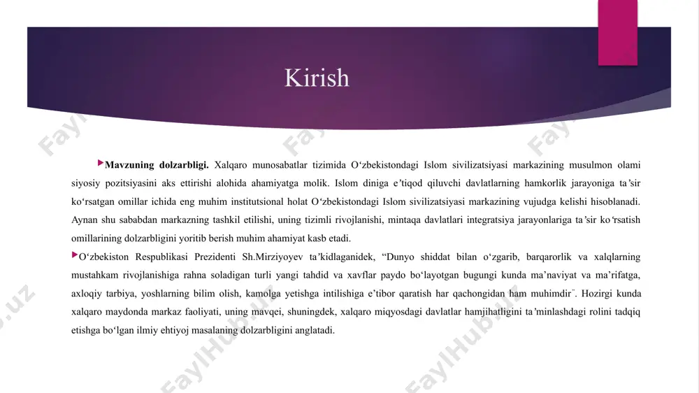 lizatsiyasi markazi olingan. tadqiqot ishining predmeti sifatida oʻzbekistondagi islom sivilizatsiyasi markazi faoliyatining tarixiy jihatlari belgilangan. tadqiqotning maqsad va vazifalari. tadqiqot ishining maqsadi oʻzbekistondagi ilmiy tadqiqot markazlar, xususan, oʻzbekistondagi islom sivilizatsiyasi markazini markaziy osiyo mintaqasida tutgan oʻrnini tadqiq etishdan iborat. asosiy maqsadidan kelib chiqib, quyidagi vazifalarni bajarish rejalashtirilgan: – hozirgi kunda mamlakatda faoliyat olib borayotgan ilmiy tadqiqot markazlar va ularning maqsad-vazifalari hamda faoliyatini tadqiq etish; – oʻzbekistondagi islom sivilizatsiyasi markazining mintaqadagi muammolarni hal etishdagi oʻrni va roliga baho berish; – xalqaro tashkilotlarning millatlararo totuvlikning taʼminlashdagi faoliyatini tahlil etish; – oʻzbekistondagi islom sivilizatsiyasi markazini oʻzaro hamkorlikda mintaqadagi xalqaro tinchlikni taʼminlash masalalarini oʻrganish; – buzgʻunchi gʻoyalarga qarshi kurashishda oʻzbekistondagi islom sivilizatsiyasi markazi tajribasini ilmiy tahlil etish; – davlat va jamiyat hayotini siyosiy barqarorligini taʼminlashda diniy-maʼrifiy soha siyosatidan samarali foydalanishning istiqbolli yoʻnalishlarini tadqiq va tahlil etishdan iborat. tadqiqotning ilmiy yangiligi quyidagilarni tashkil qiladi. xalqaro tashkilotlarning xalqaro tinchlik va millatlararo totuvlikning ta’minlashdagi faoliyatini o‘rganish; islom …