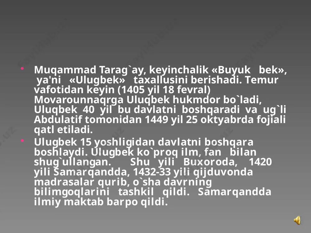 bajarish kabi masalalar hal etildi bu maktab 30 yildan ko`proq faoliyat ko`rsatdi. maktabda tabiiy fanlar ko`proq o`qitilar edi. uluqbеk rahbarligida bu maktabda muqammad xavofiy, qozizoda rumiy va qiyosiddin koshiy raqbarligida o`qitish jarayoni olib borilar edi. shu maktabda ali qushchi, abduraqmon jomiy kabi mutafakkir olimlar ta'lim olganlar. bu olimlar taklifi bilan uluqbеk raqbarligida samarqand rasadxonasi tashkil etildiki, bu inshoot o`sha davrdagi eng mukammal ilmiy markazga aylandi. bu markaz xitoy,. qindiston va boshqa mamlakatlar bilan ilmiy aloqadau_ edi ali qushchi qirotga borib ma'ruzalar o`qiydi (astronomiya va matеmatikadan).