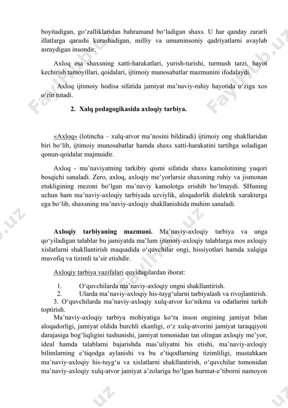anada yaqqol namoyon etmoqda. tekinxo‘rlik, narkomaniya, tamaki mahsulotlari va spirtli ichimliklarni iste’mol qilish, fahsh, johillik kabi salbiy illatlar ham hayotda uchrab turadi. bu illatlar insonning axloqiy qiyofasinigina emas, balki o‘zini ham emirib boradi. inson ham ma’naviy, ham jisman haloq bo‘ladi. shu bois insonning ma’naviy-axloqiy tarbiyasini tashkil etish ijtimoiy tarbiyaning boshqa yo‘nalishlaridan ustun qo‘yilishi zarur. binobarin, ma’naviy-axloqiy tarbiya yosh avlod tarbiyasi bilan bog‘liqdir. agar tarbiyaning boshqa yo‘nalishlarida muayyan tarbiya (masalan, jismoniy, huquqiy va boshqalar) u yoki bu tarbiyaviy tadbirlar tizimiga asoslansa, ma’naviy-axloqiy tarbiyada esa har bir tarbiyalanuvchining o‘ziga xos xususiyatlarini, shuningdek, tarbiyaviy vaziyatni inobatga olgan holda, yaxlit tarbiyaviy ishlar rejalashtiriladi va unga mos metod hamda usullar tanlanadi. tarbiyaviy tadbirlar rejasini ishlab chiqish, tadbirlarni tashkil etishda ma’naviyat, axloq inson ongining shakli, inson madaniyatining bir qismi ekanligi haqidagi tushunga ega bo‘lish nazarda tutiladi. ma’naviyat va axloqning mohiyati, uning me’yorlari va tamoyillari mazmunini tushunish o‘quvchilarni ma’naviy-axloqiy jihatdan fikr yuritishlariga imkon beradi. natijada ular o‘zlari …