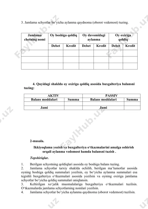 irishi” schyoti – 180000 ming so‘m. 6. “tayyor mahsulot” schyoti – 250000 ming so‘m. 7. “asosiy ishlab chiqarish” schyoti – 500000 ming so‘m. 8. “ustav kapitali” schyoti – 2567000 ming so‘m. 9. “rezerv kapitali” schyoti – 365000 ming so‘m. 10. korxonalarning bankdagi maxsus schyotlaridagi pul mablag‘lari – 250000 ming so‘m. 11. “taqsimlanmagan foyda” schyoti – 200 000 ming so‘m 12. korxonalarning bankdagi “valyuta schyoti” – 200 000 ming so‘m 13. “mol etkazib beruvchilar va pudratchilarga to‘lanadigan schyotlar” schyoti – 260000 ming so‘m. 14. “xaridorlar va buyurtmachilardan olinadigan schyotlar” – 150 000 ming so‘m 15. ustav kapitaliga ta’sischilarning ulushlari bo‘yicha qarzi – 150000 ming so‘m 16. mehnat haqi bo‘yicha xodim bilan hisoblashishlar bo‘yicha qarzlar – 66500 ming so‘m 17. uzoq muddatli olingan bank kreditlari bo‘yicha qarzlar 625 000 ming so‘m 1-topshiriq. berilgan schyotlar bo‘yicha oyning boshiga qoldiq summalari asosida quyidagi shaklda buxgalteriya balansni tuzing: aktiv passiv balans moddalari summa balans moddalari …