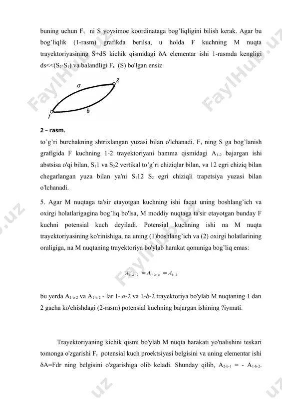 i guk qonuniga bo'ysunadi: f = - kxi, (33) bunda k - jismning elastiklik xususiyatini xarakterlovchi doimiy musbat koeffitsient; xi - deformatsiya vektori (i - ox o'qining orti, x=0 koordinata deformatsiyalanmagan holatga mos keladi). (33) elastiklik kuchi - potensial kuch, shu kabi . elastikmas jismning potensial energiyasi nolga teng ya'ni, x=0 bo'lganda, elastik jismning potensial energiyasini topamiz: . (34) 4-§. mexanik energiyaning o'zgarish qonuni. 1. n ta moddiy nuqtadan tashkil topgan ixtiyoriy mexanik sistemani ko'ramiz. uning kinetik energiyasi wk ni (13) formula bilan ifodalanadi, sistemaning kichik ko'chishida bu energiyaning o'zgarishi hamma tashqi va ichki kuchlar sodir qilgan ishlarning yig’indisiga teng: . (35) sistemaning i-nchi moddiy nuqtasiga qo’yilgan hamma kuchlarning (аi elementar ishlarining yig’indisini ikki qismga ajratish qulay: , bunda va - i-nchi moddiy nuqtadagi mos ravishda hamma potensial va hamma nopotensial kuchlarning bajargan elementar ishlarining yig’indisi. u holda , (36) bunda - sistemaga ta'sir etuvchi hamma nopotensial kuchlarning natijaviy ishi. …