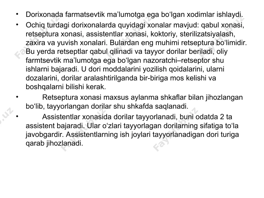 hi kerak. chunki u tibbiy yuridik hujjatdir. imtiyozga ega bo‘lgan bemorlar uchun retsept yozilganda retsept blankasiga bu xaqida ma’lum muhr (“bepul”, “imtiyozli”) bosiladi va albatta shifokorning imzosi, muassasa rahbari imzosi va yumoloq muhr bilan tasdiqlanadi. retsept quyidagi tarkibdan iborat: inscriptio i – boshlangich qism bo‘lib unda davolash muassasasining nomi, manzili va telefon raqami ko‘rsatiladi. nomen aegroti - bemorning ismi-sharifi, yoshi (ayniqsa bolalar va qarilarning) ko‘rsatiladi. inscriptio ii – bu bo‘limda retsept yozilgan sana ko‘rsatiladi. nomen medici – retsept yozgan shifokorning ismi-sharifi. invocatio – shifokorning dorini tayyorlash bo‘yicha farmatsevtga murojaati bo‘lib - recipe - “olgin”, qisqacha “rp.:” yoziladi. designatio materiarum – ushbu retseptda keltirilgan dori tarkibi. u quyidagilardan iborat: remedium basis - dori tarkibidagi asosiy modda; remedium adjuvans - yordamchi vosita bo‘lib, asosiy moddani ta’sirini kuchaytiradi; remedium corrigens - asosiy moddani ta’mi va hidini to‘g‘irlaydi; remedium constituens - doriga ma’lum shakl beradigan modda. adjuvans va corrigens faqat zarur xolatdagina asosiy moddaga …