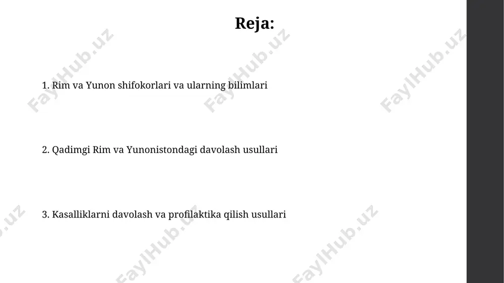 00 dan ortiq tibbiy traktatlar muallifi bo‘lgan. qadimgi rim shifokorlari murakkab jarrohlik amaliyotlarini, shu jumladan, 100 dan ortiq turdagi jarrohlik asboblaridan foydalanib, suyak sinishlarini va boshqa jarohatlarni davolashda mahoratga ega bo‘lishgan. jarrohlik amaliyotlari va asboblari qadimgi rim va yunonistonda jarrohlik amaliyotlari davomida, masalan, skeletlarni aniqlash uchun 10 dan ortiq turdagi metall zondlardan foydalanilgan. jarrohlik asboblari, jumladan skalpell, qaychi va forcepslar, asosan temir va bronzadan yasalgan bo'lib, ularning ba'zilari murakkab dizaynlarga ega bo'lgan. mashhur shifokorlar va ularning kashfiyotlari galen, milodiy 129-216 yillarda yashagan mashhur rim shifokori, inson anatomiyasi bo'yicha 10 dan ortiq asar yozgan va jarrohlik amaliyotlarini rivojlantirishga katta hissa qo'shgan. uning tibbiyotga qo'shgan hissasi 1400 yildan ortiq davom etdi. dioskorid, milodiy 1-asrda yashagan yunon shifokori va botanigi, 500 dan ortiq o'simliklarning tibbiy xususiyatlarini tasvirlab bergan "de materia medica" nomli muhim farmakologiya asarini yaratgan. manbalar va qo'shimcha ma'lumotlar rimdagi imperator augustus davrida qurilgan 4 ta yirik shifoxona haqidagi arxeologik topilmalar, davolash …