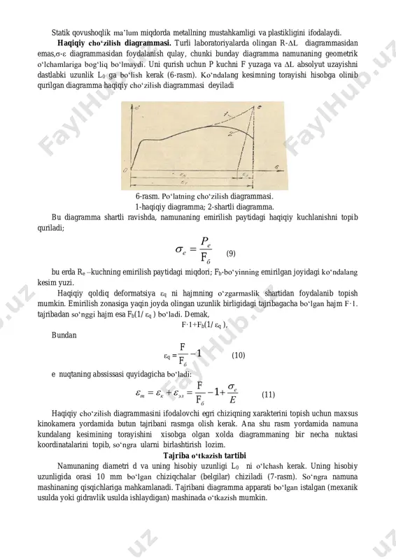 rmatsiya hosil qilinsa, uning mexanik xossasi o‘zgarar, ya’ni uning proporsionallik chegarasi ortib, plastikligi kamayar ekan. bu hodisa naklyop deyiladi. metallda hosil bo‘lgan bunday holni termik ishlash(yumshatish) yo‘li bilan yo‘qotish mumkin. metallning plastiklik xarakteristikasi. namuna emirilgandan so‘ng uning so‘ng uning plastiklik xarakteristikasini aniqlovchi nisbiy qoldiq uzayishi δ va ko‘ndalang kesim yuzasining nisbiy qisqarishi ψ aniqlanadi: %100 l llk  (4) %100 f ff б  (5) bu erda: lk-namunaning emirilgandan keyingi uzunligi; l-dastlabki uzunligi; f-dastlabki ko‘ndalang kesim yuzasi; fb-bo‘yinning emirilgan joydagi ko‘ndalang kesim yuzasi. metallning plastiklik xarakteristikalaridan shtamplash prokatlash kabi operatsiyalarni bajarish uchun zarur bo‘lgan ma’lumotlar tariqasida foydalaniladi. statik qovushoqlik xarakteristikasi. namunani emirish uchun qanchalik ko‘p ish talab qilinsa, shu metalldan tayyorlangan detal dinamik nagruzka dinamik nagruzkaga shunchalik ko‘p qarshilik ko‘rsatadi, chunki u zarbiy nagruzkaning kinetik energiyasini shunchalik ko‘p so‘ndira oladi. namunani uzish uchun sarflangan ishni grafik usulda oavsdm diagrammaning yuzi orqali ifodalash mumkin. u taxminan quyidagi formuladan aniqlanishi mumkin (4-rasm); …