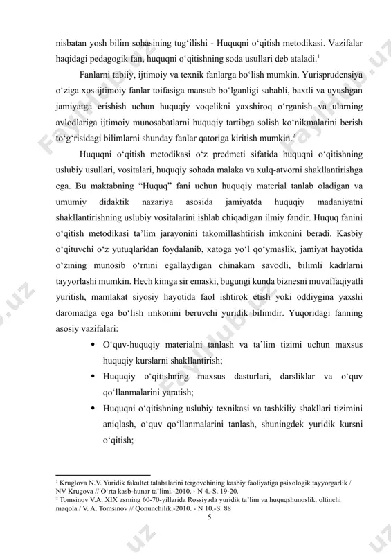 k bilimdir. yuqoridagi fanning asosiy vazifalari: · o‘quv-huquqiy materialni tanlash va ta’lim tizimi uchun maxsus huquqiy kurslarni shakllantirish; · huquqiy o‘qitishning maxsus dasturlari, darsliklar va o‘quv qo‘llanmalarini yaratish; · huquqni o‘qitishning uslubiy texnikasi va tashkiliy shakllari tizimini aniqlash, o‘quv qo‘llanmalarini tanlash, shuningdek yuridik kursni o‘qitish; · mavjudlarini qo‘llash samaradorligini hisobga olgan holda huquqni o‘qitish usullarini doimiy ravishda takomillashtirish. huquqni o‘qitish metodikasi juda dinamik fan bo‘lib, bu nafaqat qonunchilikning o‘zgarib borishi, uni boshqacha ko‘rib chiqish, yangi huquq normalari va odamlarning xulq-atvori modellarining paydo bo‘lishi, balki qonun hujjatlarining o‘zgarib borishi bilan ham bog‘liq. jamiyatning huquqiy madaniyatini shakllantirishni ta’minlaydigan huquqiy ta’limni tashkil etishga olimlarning. keling, bunday fanning asosiy funktsiyalarini belgilaylik: 1. amaliy va tashkiliy. bu davlatda huquqiy ta’lim va tarbiyaning malakali tizimini barpo etish bo‘yicha o‘qituvchilarga aniq tavsiyalar berish imkonini beradi. shu maqsadda xorijda va mamlakatimizda huquqiy ta’lim tajribasi umumlashtirilib, tizimlashtirilib, ta’lim-tarbiya va insonning huquqiy savodxonligini shakllantirishda o‘zining yuksak samaralarini bergan muayyan qonuniyatlar …