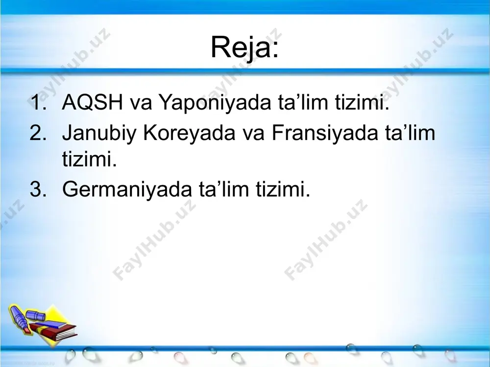 an kollej test) sinovlari. sat sinovlari murakkabroq bo’ladi. mashhur universitetlarga kirish uchun sat sinovlarini topshirish shart bo’ladi. bulardan tashqari murakkablashtirilgan sinov ham bor. bu sinovni oliy maktablarga kirayotgan barcha talabalar ham topshirishlari shart emas. mabodo biror talaba shu murakkablashtirilgan sinovlarni topshirib universitetga kirsa, u talabaga maxsus stipendiya beriladi. amerikaning eng katta boyligi — bu aql. aql bu mamlakatda qadrlanadi, aqlli talabalar alohida taqdirlanadi. aqlli, a’lochi talabalar o’quv yurtlarining faxri sanalgani sababli ham, ularga turli yo’llar bilan yordam berish, stipendiyalar tayinlash orqali ularni o’quv yurtlarida saqlashga harakat qiladilar. o’zi tanlagan sohada yutuqlarga erishayotgan talabalar ro’yxati har yili alohida kitobda nashr etilib turiladi. bundan maqsad mazkur soha bilan qiziquvchi kompaniyalarning e’tiborini bo’lajak olimlarga qaratishdir. yaponiyada ta’lim tizimi majburiy ta’lim. ta’limning pog’onasi 6 yoshdan 15 yoshgacha bo’lgan bolalarni o’z ichiga oladi. 6 yillik boshlang’ich ta’lim va 3 yillik kichik o’rta maktab, 9 yillik majburiy ta’limni tashkil etadi va u bepuldir, tekin darsliklar bilan …