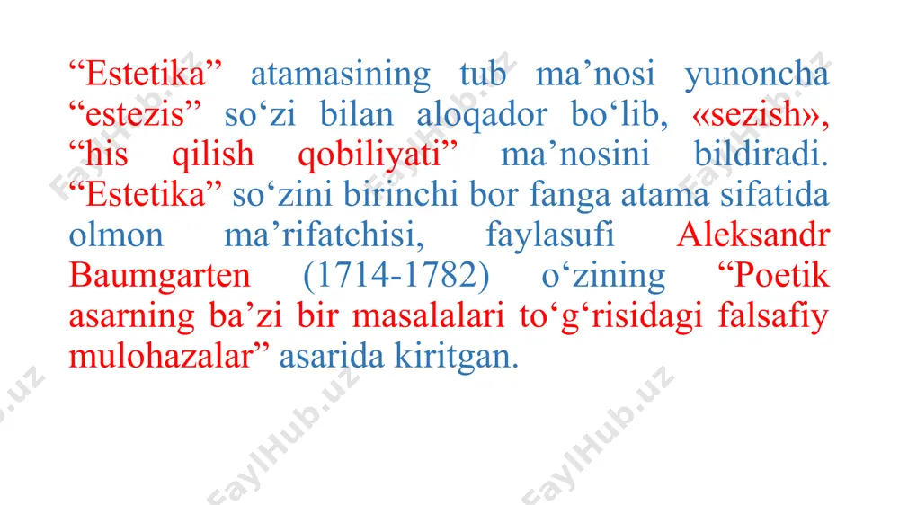 yaxshi bilamiz. go‘zallikka intilish insonning doimiy ijtimoiy-hayotiy ehtiyojidir. bu ehtiyoj tarbiya vositasida shakllanadi. go'zallik qurshovida yashagan inson bilan uning aksi bo'lgan muhitda o'sgan inson o'rtasida keskin farq bo’ladi. go'zallikka intilish insonni ma’naviy jihatdan kamolotga yetaklaydi, uning estetik his-tuyg'usini rivojlantiradi. estetik his-tuyg‘u - kishilarning go'zal va xunuk, fojiali va kulgili voqealarni idrok etishi va baholash qobiliyatidir. inson hayotidagi zaruriy ehtiyojlar ularning ilmga boigan talablarini keltirib chiqaradi. shu ehtiyojlarga ko‘ra ilmlar har xil tarmoqlarga bo‘linadi. “ilmlarning foydasi ochko‘zlik bilan oltinkumush to‘plash uchun bolm ay, balki u orqali inson uchun zarur narsalarga ega bo'lishdir”, - deb yozadi beruniy. sharq uyg’onish davrining estetik tafakkuri taraqqiyotida kaykovusning 1082-1083-yillarda yaratilgan “qobusnoma” asari muhim o'rin tutadi. kaykovus bu asarini o’g’li g'ilonshohga bag’ishlab yozgan. yunon muarrixi pompey trogning o'rta osiyo xalqlari haqida: “qadimiylikda ular misrliklar bilan bahslashadilar”, degan ta'rifidan bu yerda estetika haqidagi tushunchalar juda qadimdan taraqqiy etganligini anglash mumkin. ayniqsa qur'oni karim, hadisi sharif kabi islom dunyosining …