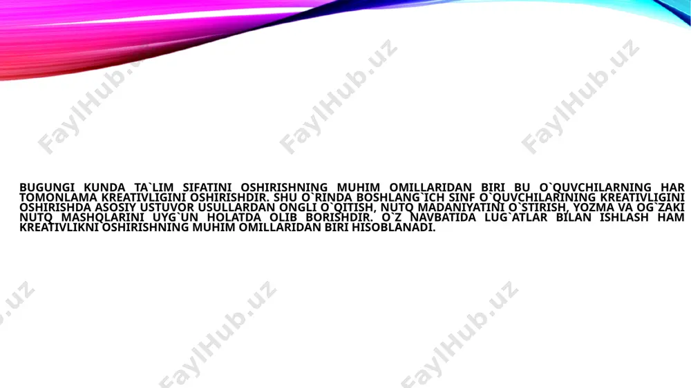 gi, xilmaxilligi, harakatchanligi metodikada nutqni muvaffaqiyatli o`stirishning muhim sharti hisoblanadi. o`quvchi lug`atining boyishiga birinchi navbatda, uni o`rab ilgan muhit, tabiat, kishilarning hayoti, o`qish faoliyati, kattalar va tengdoshlari bilan bo`lgan muloqotlari asosiy manba vazifasini bajaradi. bola tabiat va insonlar bilan munosabatda bo`lishi natijasida so`z, ibora, tasviriy ifoda, maqol, hikmatli so`zlarni o`rganadi, ularni o`z so`zlariga aylantiradi. boshlang`ich ta`limda lug`at ustida ishlashning umumiy yo`l- yo`riqlari, yo`nalishlari, manbalari haqida metodik tavsiyalar ishlab chiqilgan bo`lsa-da, ularni hali qoniqarli ahvolda deb bo`lmaydi. lug`atlar ustida ishlash uchun maxsus darslar ajratilmaydi. o`quvchilar barcha predmetlarni o`rganishda, asosan, ona tili va o`qish darslik materiallarini o`rganish bilan bog`liq holda olib boradi. ona tili hamda o`qish darslarida lug`atustida ishlash o`quvchilar nutqini o`stirishga, yozma savodxonligini shakllantirishga, so`z boyligini boyitishga nutq madaniyatini yuksaltirishga qaratilganligi sababli bu ish 1-sinfdanoq boshlanadi va butun o`quv jarayonida davom ettiriladi. lug`at- imlo savodxinligini oshirish, so`z boyligini kengaytirishning muhim manbaidir. maktabda o`quvchilarning nutqiy kreativligini oshirishning muhim vazifalaridan biri lug`at ustida …