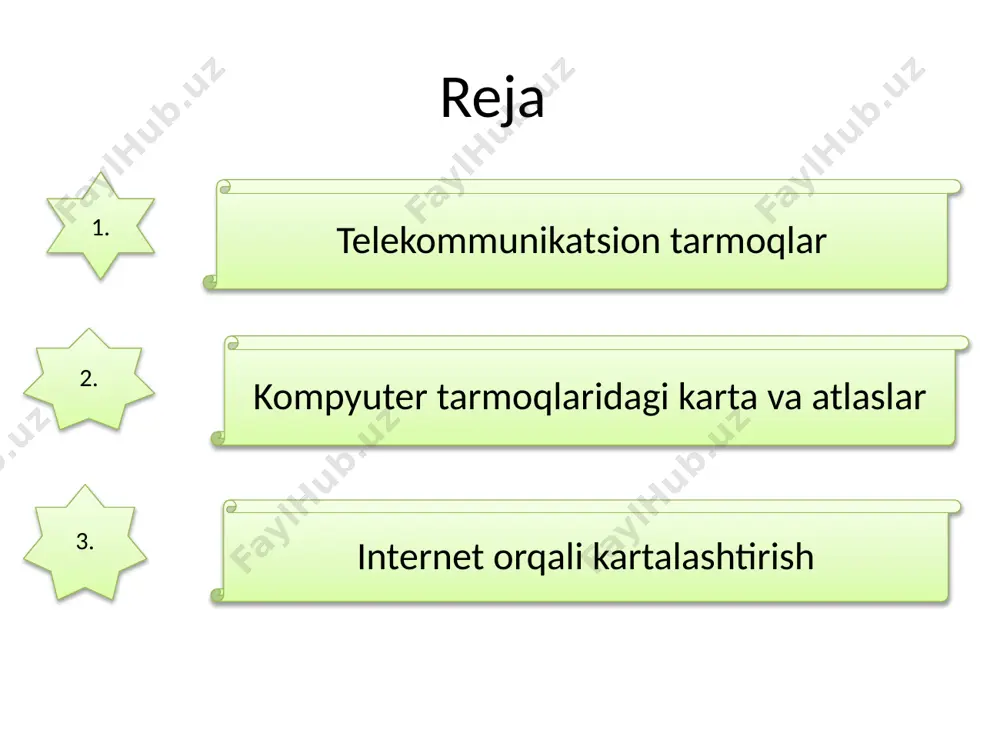 nishi natijasida bu tarmoqda m a’lumotlarni topish qiyinlashmoqda, bu esa mahalliy interanet tizimlarining keng rivojlanishiga olib kelmoqda foydalanuvchilarga kompyuter!ar tarmoqlari bilan ishlashning birinchi tajribasi shuni ko‘rsatadiki, bu yerdagi kartalarning ko'plari faqat yaxshi bo’libgina qolmasdan, balki katta muammoni ham tug‘dirmoqda. ya’ni, internetda oriyentirlash juda qiyin, kerakli kartani topish uchun juda katta ma’lumotlami ko‘rib chiqish zarur. shuning uchun ma’lumotlar turi bo‘yicha zaruriy to’plamlarni hosil qilish yo‘llari ishlab chiqila boshlandi, ya’ni navigatorlarni (uo’l ko’rsatuvchilar)-elektron tarmoqlarda oriyentirlash va u yerda yurishda vaqtida mantiqiy to‘g‘ri ma’iumotlami topish uchun zarur bo‘lgan dasturli vositalar. internetdagi barcha kartalar, atlaslar, aero va kosmik rasmlami to‘rtta yirik guruhga ajratish mumkin: — statistik tasvirlar — raqamlash, skanerlash yoki raqamli bichimda bo‘lgan kartalar, atlaslar, rasmlar; — foydalanuvchilar talabi bo‘yicha tuzilgan va muntazzam yangilanayotgan interaktiv tasvirlar; — kartografik nimastiyalar, filmlar, multimedia mahsulotlari, virtual modellar; — gis, karta, atlas va rasmlar. 2. kompyuter tarmoqlaridagi karta va atlaslar internetda yuzlab, minglab kartalar va atlaslar mavjud …