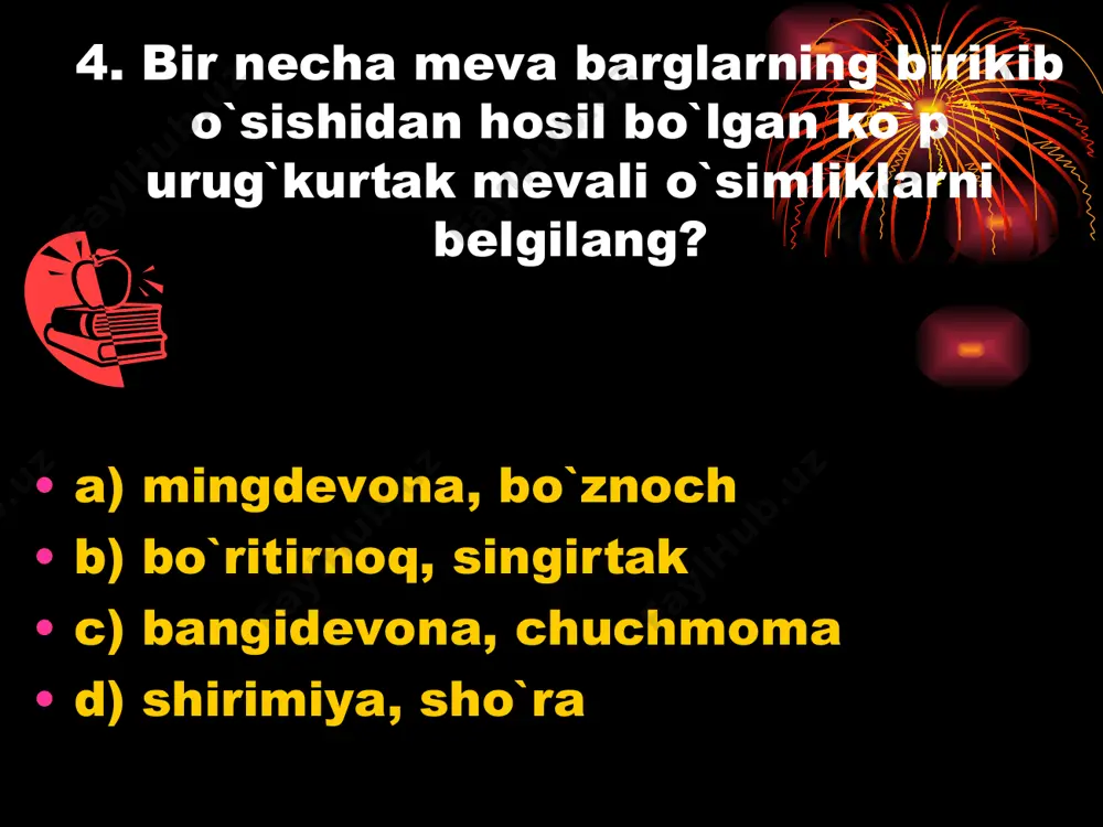 akcha b) bitta urug`palla, ildizcha. poyacha, kurtakcha c) kurtakcha, endosperm, poyacha, bargcha d) ildizcha, poyacha, kurtakcha, endosperm 48. urug` tarkibida kraxmal borligini qaysi modda yordamida bilish mumkin? a) suv b) yo`d c) kislota d) ishqor 49. meva va urug`ida ilgak, tikan, tuklari bo`lgan o`simliklarni aniqlang ? 1 ittikan 2 sariqchoy 3 qayrog`och 4 zarang 5 qariqiz 6 qayin 7 yovvoyi sabzi 8 aylant 9 qo`ytikan a) 2.7.9.5.1 b) 4.5.3.8.7 c) 9.2.1.5.3 d) 6.7.9.4.1 50. urug’ni unib chiqishi uchun birinchi qanday omil zarur? a) tinim davrini o`tashi b) suv c) yuqori bosim d) organik o`g`itlar 51. urug` murtagi odatda erigan organik moddalardan foydalanib o`sa boshlaydi, shunda birinchi nima hosil bo`ladi? a) ildiz b) poya c) kurtak d) barg 52. urug`i tarkibida yog` moddasi ko`p bo`lgan o`simliklarni aniqlang. 1 bug`doy 2 arpa 3 kungaboqar 4 no`xat 5 g`o`za 6 yong`oq 7suli 8 loviya a) 1.2.8 b) 1.4.7 c) 2.4.8 d) 3.5.6 53. …