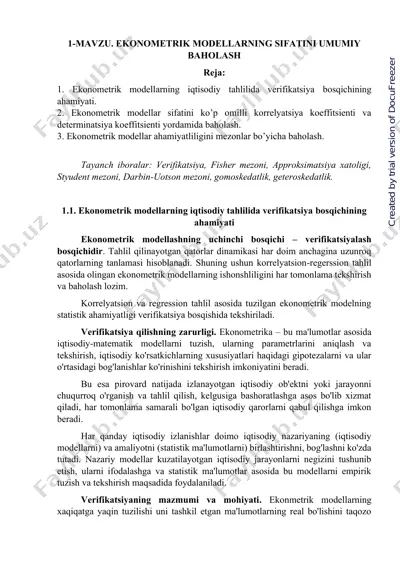 ekonometrik modellarning sifatini umumiy baholash — PDF