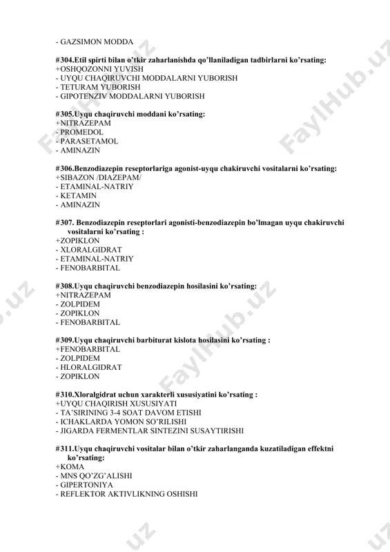 uyqu chaqiruvchi barbiturat kislota hosilasini ko’rsating : + fenobarbital - zolpidem - hloralgidrat - zopiklon # 310.xloralgidrat uchun xarakterli xususiyatini ko’rsating : + uyqu chaqirish xususiyati - ta’sirining 3-4 soat davom etishi - ichaklarda yomon so’rilishi - jigarda fermentlar sintezini susaytirishi # 311.uyqu chaqiruvchi vositalar bilan o’tkir zaharlanganda kuzatiladigan effektni ko’rsating: + koma - mns qo’zg’alishi - gipertoniya - reflektor aktivlikning oshishi # 312.uyqu chaqiruvchi vositalar bilan surunkali zaharlanganda o’tkaziladigan davo tadbirlarini ko’rsating: + dozani sekin-asta kamaytirib borish - darxol dori qabul kilishni to’htatish - antipsihotik vositalarni buyurish - ximioterapiya # 313.agonist guruhiga kiruvchi opioid narkotik analgetikni ko’rsating: + morfin - pentazosin - nalokson - naltreksol # 314.agonistov-antagonist guruhiga kiruvchi opioid narkotik analgetikni ko’rsating: + pentazosin - nalokson - naltrekson - morfin # 315.morfinga xos xususiyatlarni ko’rsating: + kuchli ifodalangan ogriq qoldiruvchi tasir - qon tomir harakatlantiruvchi markazini stimullaydi - nafas markazini stimullaydi - parasimpatik nerv markazi faoliyatini susaytiradi # …