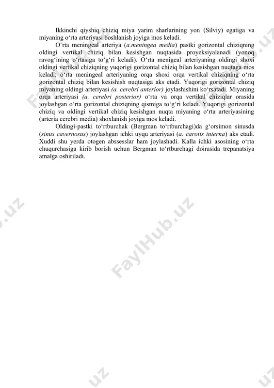 i gorizontal chiziq va oldingi vertikal chiziq kesishgan nuqta miyaning o‘rta arteriyasining (arteria cerebri media) shoxlanish joyiga mos keladi. oldingi-pastki to‘rtburchak (bergman to‘rtburchagi)da g‘orsimon sinusda (sinus cavernosus) joylashgan ichki uyqu arteriyasi (a. carotis interna) aks etadi. xuddi shu yerda otogen abssesslar ham joylashadi. kalla ichki asosining o‘rta chuqurchasiga kirib borish uchun bergman to‘rtburchagi doirasida trepanatsiya amalga oshiriladi. image1.jpeg