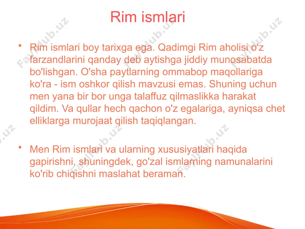 an, gul. valeria - sog'lig'i yaxshi, hayotiydi. virjiniya - eponim bo'lgan turdan kelib chiqadi, bu bokira qiz. hukmronlik bir xil narsadan kelib chiqadi, u uyda tayyorlandi. kassia - bunday turdagi narsadan, bu bo'shlikdir. quincise - xuddi shu nomdagi nasldan, oilada beshinchi qiz tug'ildi. klaudiya tikuv. korneliya - o'simlik dogvudi, nayza. lucretiya xuddi shu nomdagi nasldan, imtiyozlarni amalga oshiradigan ismi. nevii - bir xil, u juda ko'p masofada joylashgan. oktaviya - naslchilik oktuevdan. rufiya - qizil sochlar bilan. sextria - oltinchi oilada tug'ilgan. septia - bu ko'rsatkich bo'yicha ettinchi o'rinni egalladi. serviliya - eponim bo'lgan nasldan, kuzatuvchi, qo'riqchi. sergius sergev oilasida tug'ilgan. titiniya bu qo'ng'iroq qiluvchi, kuzatuvchi. ma'yus - nasldan tolasidan. ulpiya - nasldan ulypievdan. fabia degani, eponim bo'lgan, o'simlik loviya. flavia - oq jingalaklar bor. sekiliya sekilning jinsida tug'iladi, ko'rmaydi. emilia - tirishqoqlik bilan ajralib turadi, kuchli raqobatchi sifatida ishlaydi. julia - iygul juliyevdan kelib chiqqan, iyul oyida jingalak. e’tiboringiz …
