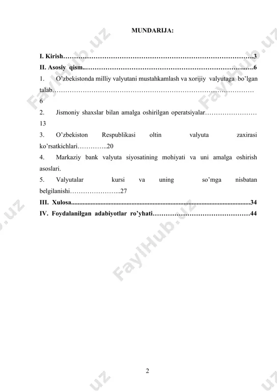 i orqali iqtisodiy agentlar valyuta xaridorlarining ehtiyojlari va taklifining imkoniyatlari to’g’risida ma’lumot oladilar. o’tgan yili bank tizimini yanada mustahkamlash, banklarning kapitallashuv darajasini oshirish va investitsiyaviy faolligini kengaytirish ta’minlandi. bank tizimining jami kapitali 2019 yilga nisbatan 43,3 foiz ko’payib, 17 trillion 800 milliard so’mga etdi. so’nggi 5 yilda mazkur ko’rsatkich 2,4 barobar o’sdi. bank tizimi kapitalining etarlilik darajasi qariyb 24 foizni tashkil qildi. bu umumiy qabul qilingan xalqaro standartlardan 3 marta, bank likvidligi esa eng yuqori ko’rsatkichlardan 2 marta ko’pdir. jahon miqyosida savdo-sotiq ishlarining o’sish sur’ati sezilarli darajada sustlashgani, eksport qilinadigan eng muhim tovarlarga nisbatan tashqi talabning kamayishi va narxlarning pasayishiga qaramasdan, biz tashqi savdo aylanmasida ijobiy saldoga erishdik. bu esa davlatimizning oltin-valyuta zaxirasini oshirish imkonini berdi. kurs ishining maqsad va vazifalari: valyutaning bozor va davlat tomonidan tartibga solinishi bir-birini to’ldirib keladi. bozor tomonidan tartibga solish esa valyuta munosabatlarini tartibga solishdagi salbiy oqibatlarning oldini olishga qaratilgandir. bu ular o’rtasidagi foyda va …