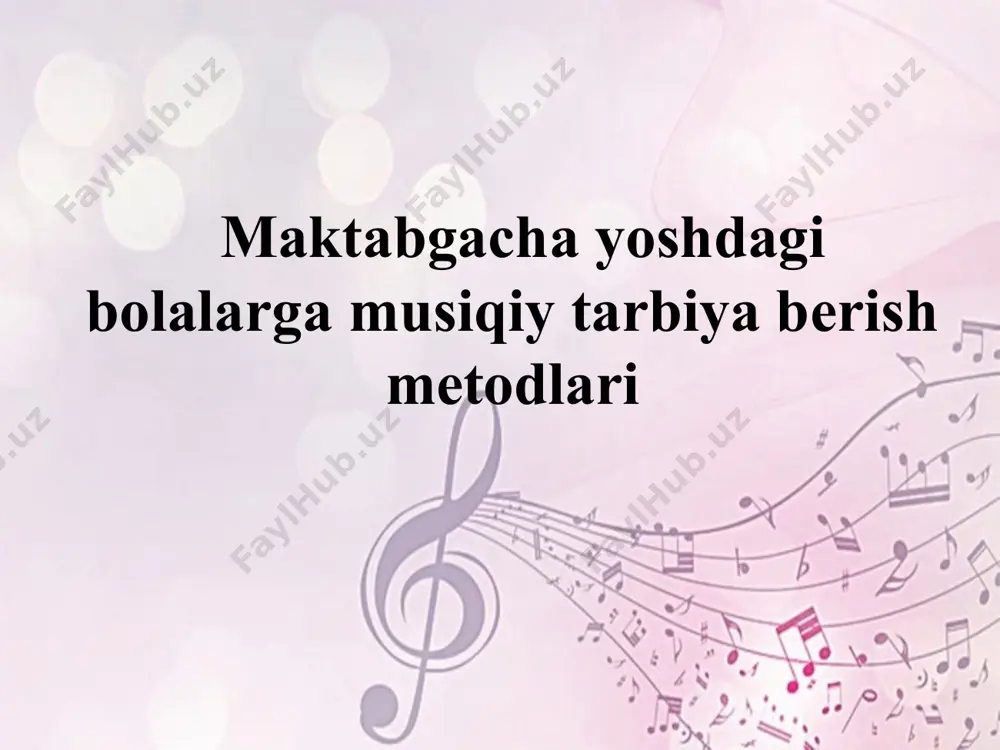r. katta guruhlarda musiqiy faoliyat turlariga bo’lgan talablar.tarbiyalanuvchilarning musiqiy qobiliyatini shaklantirish va rivojlantirishga qaratilgan yillik (kunlik, oylik) mashg’ulot rejasini ishlab chiqishda qo’yiladigan talablar. maktabgacha ta’lim muassasasida olib boriladigan musiqa mashg’ulotlarining namunaviy rejasi. musiqa tinglash: bolalarda kichik musiqiy asarni tinglash ko’nikmasini pado qilish. marsh, qo’shiq va raqs janrlari haqida ilk tasavvur paydo qilish va ularni farqlash. musiqani mazmunan tushunishga o’rgatish: musiqiy- ritmik harakatlarni bajarish: to’p bo’lib yengil yurish va yugurishdan sekinasta har tarafga, to’g’riga, erkin-sochma, doira bo’ylab yengil yurish va yugurishga o’rgatish. bolalarni 3-4 sodda va oddiy harakatlardan iborat raqslarni to’p bo’lib raqs tushishdan juftlikda, sochma tarzda, shundan so’ng doiradagi raqslar ijro etishga o’rgatish. raqs harakatlaridan «koptokni yuqoriga ot», «arqonni tort», «tokcha», «ko’zguga qara», «xo’rozcha», «maysani sila» bilan tanishtirish va ularni musiqaga mos bajarish. kuylash: cholg’u asbobi va kattalarga jo’r bo’lib kuylash. tabiiy ovozda zo’riqmasdan kuylash malakalarini shakllantirish. kuylash vaqtida to’g’ri nafas olishga, avval «gulni hidlab», so’ng kuylay boshlashga, o’tirgan yoki …