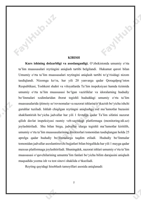 ralga qadar ta’lim sifatini nazorat qilish davlat inspeksiyasi rasmiy veb-saytidagi platformaga (monitoring.tdi.uz) joylashtiriladi. shu bilan birga, jadvallar ularga tegishli ma’lumotlar kiritilib, umumiy o‘rta ta’lim muassasalarining direktorlari tomonidan tasdiqlangan holda 25 aprelga qadar hududiy bo‘linmalarga taqdim etiladi. hududiy bo‘linmalar tomonidan jadvallar asoslantiruvchi hujjatlari bilan birgalikda har yili 1 mayga qadar maxsus platformaga joylashtiriladi. shuningdek, nazorat ishlari umumiy o‘rta ta’lim muassasasi o‘quvchilarining umumta’lim fanlari bo‘yicha bilim darajasini aniqlash maqsadida yozma ish va test sinovi shaklida o‘tkaziladi. reyting quyidagi hisoblash tamoyillari asosida aniqlanadi: · reytingda ishtirok etayotgan barcha umumiy o‘rta ta’lim muassasalarining ballari har bir mezon bo‘yicha alohida hisoblanadi; · tegishli mezon bo‘yicha eng yuqori natijaga ega bo‘lgan umumiy o‘rta ta’lim muassasasiga mazkur mezon uchun belgilangan eng ko‘p ball beriladi; · qolgan barcha umumiy o‘rta ta’lim muassasalarining ballari eng yuqori ballga ega bo‘lgan umumiy o‘rta ta’lim muassasasining ballari yig‘indisiga nisbatan hisoblab chiqariladi; · har bir mezon bo‘yicha hisoblangan ballar yig‘indisi asosida umumiy o‘rta …