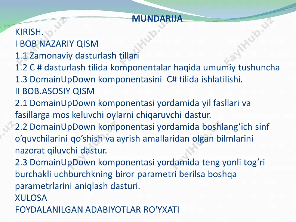 qtinchalik o’chirish va matnini ham tozalash uchun kiritildi. ya’ni bu kodlar dasturni quydagi holatga keltiradi: biz dasturni ishga tushirib domainupdown1 dan faslni tanlaganimizda kigin domainupdown2 ga oylar ro’yhati kiritiladi. demak biz domainupdown1 ni ustiga ikki martta chirtib quydagi kodni yozamiz. bu kod domainupdown1 da bahor fasli tallangan bo’lsa, domainupdown2 ro’yhatini tozalab unga shu fasldagi oylar ro’yhatini kirgazadi, domainupdown2 ning dastlabgi matniga bahor faslida quydagi oylar bor deb yozadi. boshlang’ich sinf o’quvchilarini qo’shish ayrish amallarida olgan bilimlarini bahlolovchi dastur. bu dasturda foydalanuvchi qaysi amalga doyir misol yechishni hohlasa shu amalni tanlaydi, sonlar oralig’ini ham kigin dastur kerakli joylarga sonlarni chiqarib beradi. misollarni yechib kerakli joylarga javoblarni yozib tekshirish tugmasini bosilsa dastur nechta tog’ri javob berilganini aniqlab beradi. dasturni yaratish uchun quydagi holat yaratilib olinadi. dasturdagi misollarda manfiy son chiqishi kerak emas. chunki manfiy son tushunchasi 6 sinfda kirib keladi. dasturni ishlatib natijalarni olamiz: ayrish amali tanlansa qo’shish amali tanlansa teng yonli …