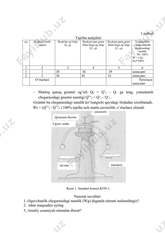 =q2 – q3 gruntni oquvchanlik chegarasidagi namligi quyidagi ifodadan topiladi wt = (q4 / q0 ) 100 % tajriba uch marta takrorlanib o’rtachasi olinadi. 1-jadval tajriba natijalari t/r byukslar tartib raqami byukslar og’irligi q1, gr byuksni nam grunt bilan birga og’irligi q’2, gr byuksni quriq grunt bilan birga og’irligi q’3, gr yumalashish vaoquvchanlik chegarasidagi namlik wr, 100% w = ( q4/ q0)*100% 1 2 3 4 5 6 1 1 20 36 29 аниқланг 2 2 28 42 32 аниқланг o’rtachasi ўртачаси аниқланг · mutloq quruq gruntni og’irli q0 = q’3 - q1 ga teng, yumalatish chegarasidagi gruntni namligi qyu2 = q’2 - q’3 . gruntni bu chegarasidagi namlik ko’rsatgichi quyidagi ifodadan xisoblanadi, wr = (qyu2 / qyu0 ) 100% tajriba uch marta qaytarilib, o’rtachasi olinadi. rasm 1. standart konusi kon-1. nazorat savollari 1. oquvchanlik chegarasidagi namlik (wg) deganda nimani tushundingiz? 2. ishni maqsadini ayting 3. amaliy axamiyati nimadan iborat? …
