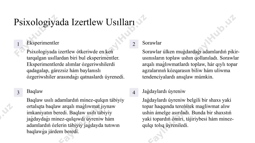 ociallıq mashqalalardı sheshiwge hám keleshegimizdi jáne de aydınlastırıwǵa járdem beredi. psixologiya tarawındaǵı izertlewler hám ashılıwlar insaniyattıń ózin hám dúnya menen qatnasıqların tereńirek túsiniwge alıp keledi. psixologiya keleshekte insaniyattıń hár qıylı tarawlarında ósiw hám rawajlanıwǵa úles qosadı. sanlı texnologiyalar, densawlıqtı saqlaw, bilimlendiriw hám sociallıq sistemalarda psixologiyanıń ornı jáne de áhmietli boladı. psixologiya, insanlar arasındaǵı qatnasıqlardı jaqsılaw, ruwxıy salamatlıqtı támiyinlew hám sociallıq abadanlıqtı arttırıwǵa járdem beretuǵın eń tiykarǵı pánlerden biri sıpatında óz ornın bekkemleydi. 11 wundt, w. (1874). principles of physiological psychology. leipzig: wilhelm engelmann. freud, s. (1900). the interpretation of dreams. james, w. (1890). the principles of psychology. skinner, b. f. (1953). science and human behavior. piaget, j. (1952). the origins of intelligence in children. chomsky, n. (1959). review of b. f. skinner's verbal behavior. vygotsky, l. s. (1978). mind in society: the development of higher psychological processes. watson, j. b. (1913). psychology as the behaviorist views it. maslow, a. h. …