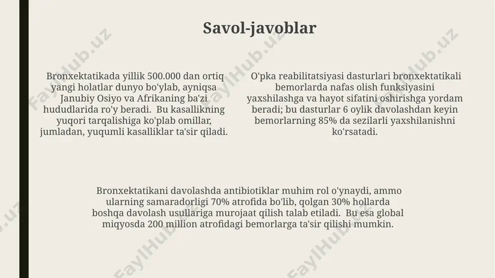 i va bemorlarning hayot sifatini yaxshilashga ta'siri haqida aqsh va yevropa mamlakatlarida o'tkazilgan tadqiqotlar nafas olish funktsiyasining yaxshilanishini va kasallikning og'irlashishining oldini olishda yordam beruvchi yangi terapiya usullarini ko'rsatmoqda. bronxektatik bilan kasallanganlarning 30-40% gacha bo'lgan qismi, ayniqsa, toshkent kabi yirik shaharlarda havo ifloslanishi yuqori bo'lgan hududlarda yashash tufayli, kasallikning tezlashuvini va hayot sifatining yanada yomonlashuvini boshdan kechirishadi. bronxektatik davolash surfaktantlar, masalan, 70%dan ortiq samaradorlik ko'rsatgan kalsiy doksilat kabi antibiotiklar bilan birgalikda qo'llanilishi, bronxektatik bemorlarda 30% gacha o'pka infektsiyalarining kamayishiga olib kelishi mumkin. jahon sog'liqni saqlash tashkiloti ma'lumotlariga ko'ra, bronxektatik kasalligi bilan og'rigan 50 yoshdan oshgan bemorlarning 15% da yiliga 2 tadan ko'proq o'pka infektsiyasi kuzatiladi, bu esa muolajalar sonini ko'paytiradi va shu bilan birga davlat tibbiyot muassasalariga yukni oshiradi. 2023 yilgi tadqiqotlar natijalariga ko'ra, aqshning janubiy kaliforniya universiteti olimlari tomonidan ishlab chiqilgan yangi dorilar, bronxektatikning og'ir shakllarida 20% gacha kasallik alomatlarini yengillashtirishga yordam berdi. bronxektatik tashxisi bronxektatik kasalligi bo'lgan 50 …