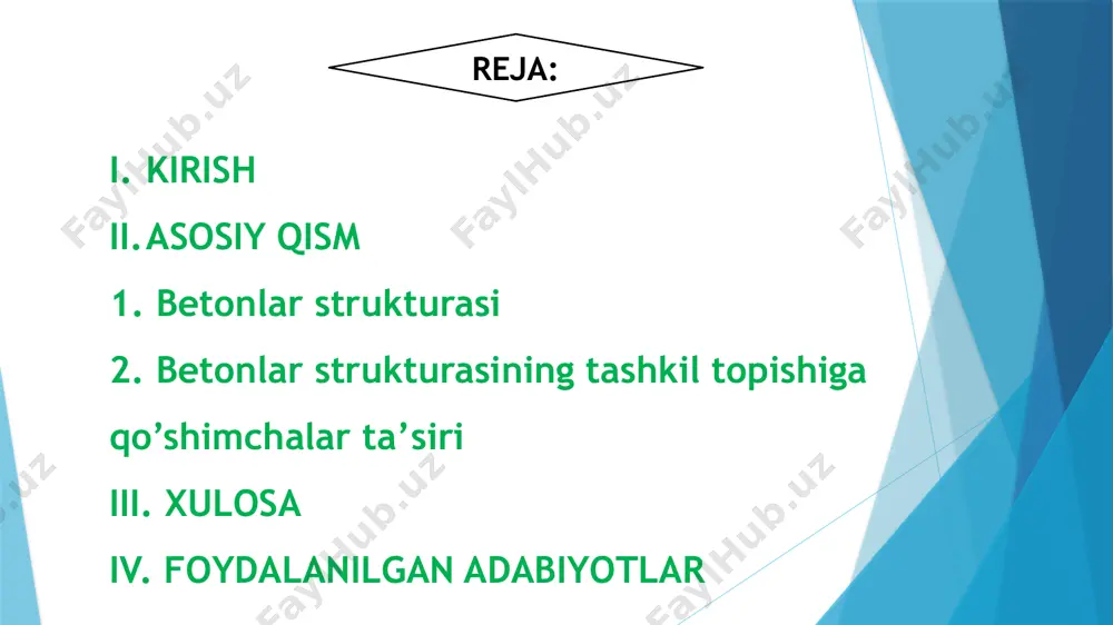 dan so‘ng, beton ichida tsement to‘liq gidratatsiyalangan bo‘ladi.hosil bo‘lgan struktura — zich, bir jinsli, suv va atmosfera ta’sirlariga nisbatan chidamli sun’iy tosh. beton aralashmasining tayyorlanishibu bosqichda quyidagi materiallar birlashtiriladi:tsement — asosiy bog‘lovchi modda suv — tsement bilan reaksiya qilish uchun to‘ldirgichlar — qum (mayda), shag‘al yoki maydalangan tosh (yirik) qo‘shimchalar (modifikatorlar) — maxsus xossalarni berish uchun 🧪 bu aralash hali ho‘l, plastika holatda bo‘ladi — harakatga yaroqli, quyganda shaklni egallaydi. beton strukturasining tashkil topishiga qo‘shimchalar (priso’dki) juda katta ta’sir ko‘rsatadi. bu qo‘shimchalar betonning fizik, kimyoviy va texnologik xossalarini o‘zgartiradi. ular tsement bilan gidratatsiya jarayonini tezlashtirishi yoki sekinlashtirishi, mustahkamlikni oshirishi, suv o‘tkazuvchanligini kamaytirishi, yoki sovuqqa chidamliligini yaxshilashi mumkin. qo‘shimchalarning beton strukturasiga ta’siri qanday bo‘ladi? 1. gidratatsiyani tezlashtiruvchi qo‘shimchalar (akseleratorlar)masalan: kalsiy xlorid (cacl₂), natriy nitratta’siri:tsementning gidratatsiya reaksiyasini tezlashtiradi.beton tezroq qotadi va dastlabki mustahkamlik erta paydo bo‘ladi.qishki sharoitda qurilish uchun foydali. 📌 eslatma: ayrim akseleratorlar korroziyani kuchaytiradi — armaturali beton uchun ehtiyot bo‘lish …