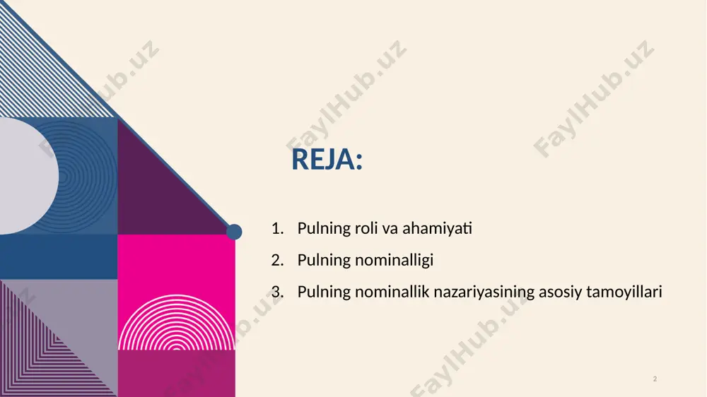 rlar va xizmatlar narxi oshadi, bu esa pulning haqiqiy qiymatini kamaytiradi. haqiqiy qiymat esa iqtisodiy sharoitlarga qarab o‘zgaradi. 6 6 nominal daromadlar — bu ish haqi, yillik daromad yoki boshqa to‘lovlar, ular iqtisodiy sharoitlar va inflatsiya hisobga olinmagan holda berilgan. masalan, agar siz yiliga 100 million so‘m maosh olsaingiz, bu sizning nominal daromadingizdir. haqiqiy daromadlar — bu nominal daromadni inflyatsiya darajasi bilan moslashtirilgan holda hisoblash. ya'ni, agar inflyatsiya 10% bo‘lsa, nominal daromadingiz 100 million so‘m bo‘lsa-da, haqiqiy daromadingiz 90 million so‘mga teng bo‘lishi mumkin, chunki inflatsiya natijasida pulning sotib olish qobiliyati kamaygan. farq: nominal daromadlar inflyatsiyani hisobga olmaydi, faqat pulning o‘zida ko‘rsatilgan miqdorni anglatadi. haqiqiy daromadlar esa inflatsiyaning tasirini hisobga olib, odamning daromadining haqiqiy sotib olish qobiliyatini ko‘rsatadi. 7 nominal foiz stavkasi — bu qarz yoki depozitlar bo‘yicha berilgan foiz stavkasi, bu stavka inflyatsiyani hisobga olmagan holda belgilanadi. misol uchun, agar bank bir depozitga 8% nominal foiz stavkasini belgilasa, bu …
