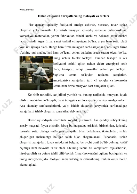 b chiqarish firma (korxona)si oldida turadigan muhim vazifa, bu – umuman ishlab chiqarish xarajatlarini kamaytirish emas, balki mahsulot birligiga sarflanadigan xarajatlarni kamaytirishdan iboratdir. firmaning bir oyda (yoki yilda) oladigan foydasini quyidagi formula bilan aniqlash mumkin: f q d – x bu erda: d - daromadlar; x - xarajatlar. agar firma ma`lum vaqt ichida 10 mln. so`mlik sarf-xarajatlar qilgan holda ishlab chiqargan mahsulotini 12 mln. so`mga sotgan, ya`ni shuncha daromad olgan bo`lsa, uning olgan foydasi 2 mln. so`mni tashkil etadi. muayyan tadbirlarni amalga oshirib, mahsulot birligiga sarflanayotgan xarajatlarni 1 mln. so`mga kamaytirsa, uning oladigan foydasi endi 2 mln. (ya`ni 12-10) emas, balki 3 mln. (ya`ni 12-9) so`mni tashkil etadi. endi shu misolimizni boshqacharoq qilib ko`ramiz. firma o`sha tadbirlar natijasi o`laroq 10 mln. so`mlik sarf-xarajatlar qilib, 12 mln. so`mlik emas, balki 13 mln. so`mlik mahsulot ishlab chiqardi va sotdi deylik. bu holda uning foydasi 3 mln. so`mni tashkil etadi. ko`rinib turibdiki, mahsulot …