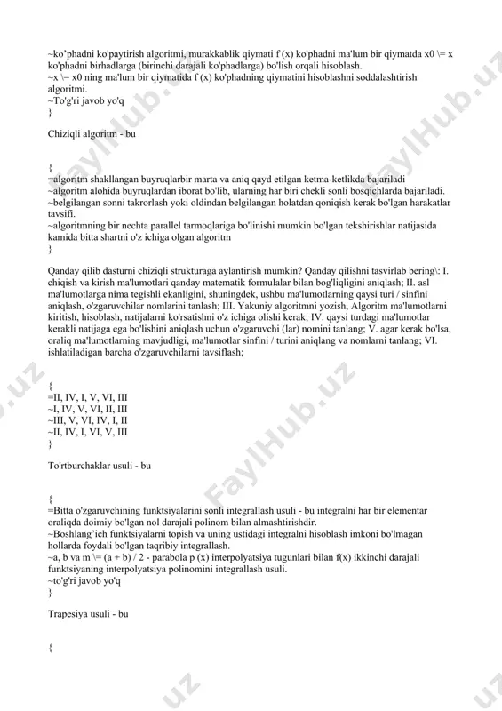 klar usuli - bu { =bitta o'zgaruvchining funktsiyalarini sonli integrallash usuli - bu integralni har bir elementar oraliqda doimiy bo'lgan nol darajali polinom bilan almashtirishdir. ~boshlang’ich funktsiyalarni topish va uning ustidagi integralni hisoblash imkoni bo'lmagan hollarda foydali bo'lgan taqribiy integrallash. ~a, b va m \= (a + b) / 2 - parabola p (x) interpolyatsiya tugunlari bilan f(x) ikkinchi darajali funktsiyaning interpolyatsiya polinomini integrallash usuli. ~to'g'ri javob yo'q } trapesiya usuli - bu { =boshlang’ich funktsiyalarni topish va uning ustidagi integralni hisoblash imkoni bo'lmagan hollarda foydali bo'lgan taqribiy integrallash. ~bitta o'zgaruvchining funktsiyalarini sonli integrallash usuli - bu integrallash har bir elementar oraliqda doimiy bo'lgan nol darajali polinom bilan almashtirishdir. ~a, b va m \= (a + b) / 2 - parabola p (x) interpolyatsiya tugunlari bilan f (x) ikkinchi darajali funktsiyaning interpolyatsiya polinomini integrallash usuli. ~to'g'ri javob yo'q } simpson usuli (parabolalar) - bu { =a, b va m \= …