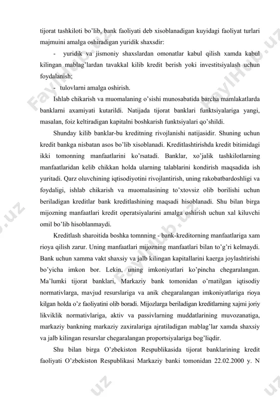 ga, aktiv va passivlarning muddatlarining muvozanatiga, markaziy bankning markaziy zaxiralariga ajratiladigan mablag’lar xamda shaxsiy va jalb kilingan resurslar chegaralangan proportsiyalariga bog’liqdir. shu bilan birga o’zbekiston respublikasida tijorat banklarining kredit faoliyati o’zbekiston respublikasi markaziy banki tomonidan 22.02.2000 y. n 429 tasdiqlangan “tijorat banklari kredit siyosatiga nisbatan qo’yiladigan talablar to’g’risida nizom”ga binoan olib boriladi. bankning kredit siyosati - kreditlash jarayonida yuzaga keluvchi tavakkalchilikni boshqarishda bank rahbariyati tomonidan qabul qilinadigan choralar va uslublarni belgilovchi hamda bank rahbariyati va xodimlarini kreditlar portfelini samarali boshqarishga doir ko’rsatmalar bilan ta’minlovchi hujjatdir. kredit siyosati bankning kredit faoliyati maqsadlarini aniq ko’rsatishi va aniqlab berishi shart. shunga ko’ra bank kredit siyosatida uning maqsadi va strategiyasi, vakolatlar darajasi va mas’uliyatni taqsimlash, kredit turlari, kreditlarning to’planishi, kreditlarni to’lash, qarzdorlarga doir moliyaviy axborot, garov ta’minotiga nisbatan qo’yiladigan talablar, kredit monitoringiga nisbatan qo’yiladigan talablar, foiz stavkalari, bog’liq shaxslar bilan bajariladigan operatsiyalar, ko’zda tutilmagan holatlar moddalari, kredit portfelini audit qilish hamda bank boshqaruvi va …