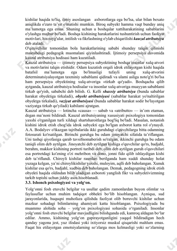 tasawurlar shakllanayotganligiga bog'liq. bu esa muloqotning perseptiv tomonini o'rganish zaruriyatini vujudga keltiradi. kishilaming birbirini idrok etish jarayoni muloqotning ajralmas qismi bo'lib, u muloqotning perseptiv tomonini tashkil etadi. insonning inson tomonidan idrok etilishi «ijtimoiy persepsiya» deyiladi. dastlab, bu atama j. bruner tomonidan 1947-yilda ishlatilgan bo'lib, u perseptiv jarayonlarning ijtimoiy determinatsiyasini anglatgan. keyinchalik bu atama ijtimoiy obyektlami, ya’ni odamlar, ijtimoiy guruhlar, kata ijtimoiy tuzilmalarni idrok etish jarayonini anglata boshlagan. ijtimoiy perseptiv jarayonlarda individ quyidagilarni idrok etishi mumkin: o'z guruhiga mansub individni, boshqa guruhga mansub individni, o'zining guruhini, o'zga guruhni. ijtimoiy perseptiv jarayonlarda guruh quyidagilarni idrok etishi mumkin: o'z individini, o'zga guruh individini, o'zini, o'zga guruhni. muloqot jarayonida insonlar bir-birini idrok etar ekan, bunda attraksiya (o'ziga jalb etish) jarayoni yuz berishi, ya’ni idrok etilayotgan kishiga nisbatan «yoqtirish hissi» paydo bo'lishi mumkin. attraksiya subyektning persepsiya obyektiga nisbatan bo'lgan emotsional munosabati sifatida shakllanadi. muloqot ishtirokchilari o'z ongida bir-birlarining ichki dunyosini qayta tiklashga, his-tuyg'ularini, xulq-atvorining sabablarini …