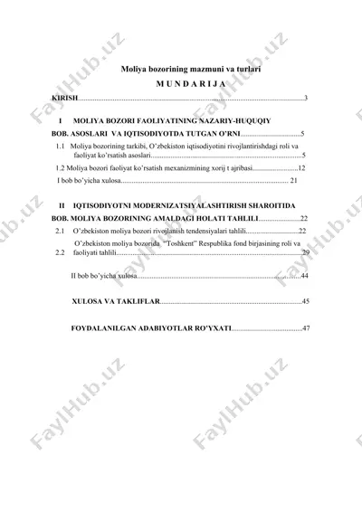 moliya bozorining mazmuni va turlari — DOC