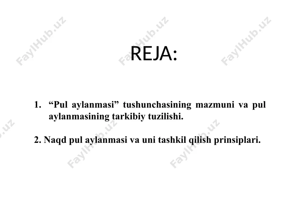 asining tarkibi 1. markaziy bank va tijorat banklari o‘rtasidagi naqd pul aylanmasi. 2. tijorat banklari o‘rtasidagi, banklar va ularning mijozlari o‘rtasidagi naqd pul aylanmasi. 3. korxonalar, tashkilotlar va aholi o‘rtasidagi naqd pul aylanmasi. 4. aholi o‘rtasidagi naqd pul aylanmasi. naqd pul aylanmasini tashkil qilish prinsiplari 1. barcha xo‘jalik yurituvchi sub’ektlar, mulk shaklidan qat’iy nazar, naqd pul mablag‘larini bank muassasalarida saqlashlari shart. 2. naqd pul aylanmasini boshqarishning markazlashganlik printsipi. 3. naqd pullardan maqsadli foydalanish printsipi. naqd pul aylanmasining zarurligi bu aylanmada pul o’zining to’lov va muomila vositasi funksiyalarini bajarishi bilan yuzaga keladi. muomila vositasi sifatida: naqd pullar aholi bilan o’zaro yoki korxona, tashkilotlar o’rtasida, tovarlar sotib olishda va sotishda qo’llaniladi to’lov vositasi sifatida: bunda pul: ish xaqi; nafaqalar; mukofotlar,yakka tartibdagi qurulish uchun beriladigan kreditlar; sug’urta to’lovlarini to’lashda namoyon bo’ladi e’tiboringiz uchun rahmat! image1.png image2.png image3.png image4.jpeg image5.jpeg image6.jpeg image7.jpeg image8.png image9.jpeg image10.jpeg /docprops/thumbnail.jpeg