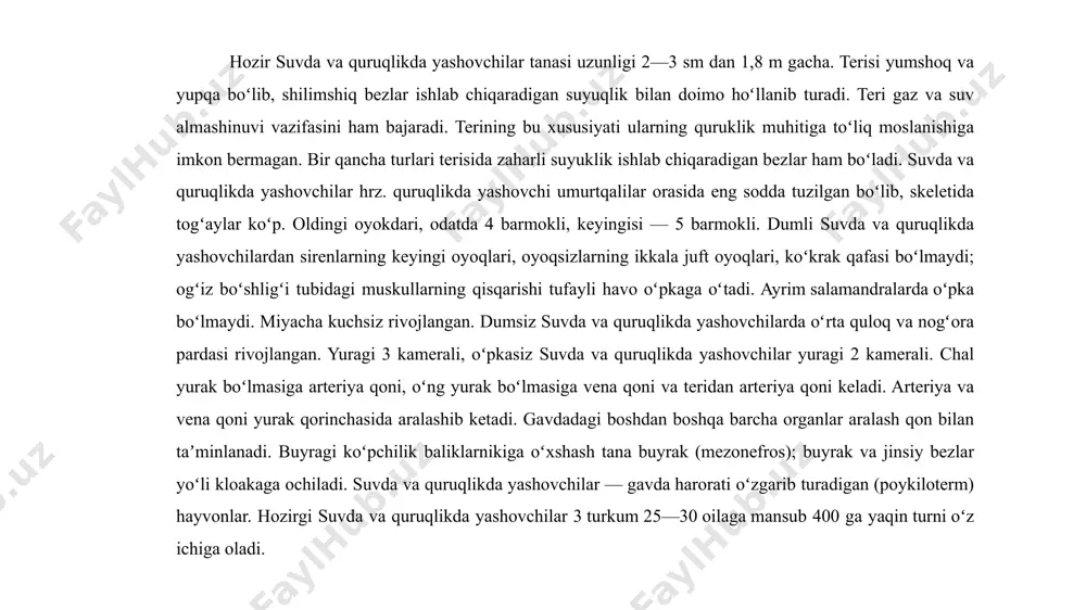 ri (aksolotl, alp tritoni va boshqalar) uchun neoteniya (voyaga yetmasdan koʻpayish) xos. voyaga yetgan suvda va quruqlikda yashovchilar har xil umurtqasizlar, asosan, hasharotlar, itbaliqlar, mikroskopik xdyvonlaar va oʻsimliklar bilan oziqdanadi. suvda va quruqlikda yashovchilar zararkunanda ekosistemalarning asosiy komponenta boʻlib, koʻpchilik umurtqasizlar soninicheklab turishdagʻamdaboshqaxayvonlarga oziq sifatida katta ahamiyatga ega. dumsizlarning ayrim turlari (mas, baqalar) bir qancha mamlakatlarda isteʼmol qilinadi. ayrim suvda va quruqlikda yashovchilar lab. hayvonlari sifatida ahamiyatga ega. suv havzalarining ifloslanishi tufayli ayrim turlari soni kamayib bormoqda. 41 turi va kenja turi xalqaro qizil kitobga kiritilgan. ekologik xususiyatlari yashash muhiti: amfibiyalar asosan nam va suvli muhitlarda yashaydi. ularning koʻpchiligi hayotining bir qismini suvda, qolgan qismini esa quruqlikda oʻtkazadi. sovuq qonlilik: ular sovuqqonli (poykiloterm) hayvonlar boʻlib, tashqi muhit harorati bilan gavda harorati oʻzgaradi. shu sababli, +10°c dan past haroratda faoliyatlari susayadi, +5–7°c da esa faoliyatlari to'xtaydi. nafas olish: amfibiyalar nafas olish uchun teri va oʻpka organlaridan foydalanadi. ularning terisi nam boʻlib, …