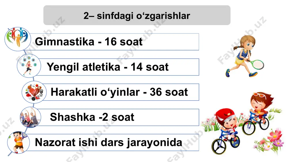 rioya qiladi koptok, xalqa, arqon kabi sport jihozlaridan foydala-nishda xavfsizlikka rioya qiladi kiyinish tartibini biladi tozalikka rioya qiladi safga tartib bilan turadi haraktli o‘yin jarayonida xafsizlikka amal qiladi. saf mashqlari, saflanish buyruq-larini bajaradi harakatli o‘yin jarayonida mashq-larni to‘g‘ri bajaridi arg‘amchida sakrash va gardishni aylantirish mashqlarini ko‘rsat-ma asosida bajarishga harakat qiladi yugurish yo‘lakchasi bo‘ylab yakka va juft bo‘lib yugura oladi umumiy takliflar 164 та milliy o‘quv dasturiga joylardan olingan takliflar fargo‘na dpi jizzax dpi buxoro dpu 12 та 25 та 85 та 42 та uzviylik.tdi.uz портали shu asosda bolalarda o‘zbekistonning mashhur sportchilari, ularning vatanparvarligi, ishchanligi, jasurligi, bardoshliligi, mahorati, do‘st-birodarligi va o‘zaro yordam kabi xislatlariga hurmat hissi tarbiyalanadi. 01 02 05 04 03 o‘yin metodi o‘quvchilarga ta’lim berishda ularning yosh xususiyatlari va imkoniyatlarini hisobga olgan holda foydalaniladigan metodlar kuzatuv metodi ko‘rgazmali metod og‘zaki metod musobaqa metodi dars jarayonida foydalaniladigan metodlar ko‘rgazmali metod - hissiy idrok va harakat sezgilarining yorqinligini ta’minlaydi. ular bolalarda …