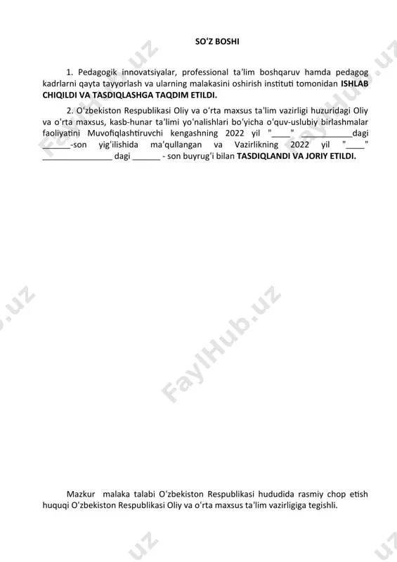 ni bajarilishi nazoratini belgilaydi. malaka talabi ta’lim oluvchilarning kasbiy tayyorgarligi sifati va kasbiy kompetensiyasini baholashda hamda ta’lim muassasalarini attestatsiyadan o‘tkazishda asosiy mezon hisoblanadi. mazkur talablarning bajarilishi professional ta’lim muassasalarining bitiruvchilariga professional ta’limning tegishli darajasini olganligi to‘g‘risida davlat namunasidagi hujjat berilishi uchun asos hisoblanadi. malaka talabi ta’limni boshqarish davlat organlari va ta’lim faoliyati sub’yektlari tomonidan, idoraviy bo‘ysunuvi va mulkchilik shakllaridan qat’iy nazar, tadbiq etilishi majburiydir. ushbu malaka talabi moliyachi va loyihani boshqarish moliyaviy assistenti mutaxassisligining professional standarti va tarmoq tarif-malaka ma’lumotnomalari asosida ishlab chiqildi. 2. kasbiy ta’lim xususiyati 2.1.1. 40410401- moliyachi mutaxassisligi doirasida beriladigan kvalifikatsiyalar: 1. moliyachi 2. loyihani boshqarish moliyaviy assistenti umumta’lim muassasalarining 11-sinf bitiruvchilari hisobidan shakllantirilgan guruhlarda 1,5 yil. kamida umumiy o‘rta ma’lumotga ega bo‘lgan shaxslar hisobidan shakllantirilgan guruhlarda tanlangan kvalifikatsiyalar sonidan kelib chiqib o‘qish muddati belgilanadi. bu guruhlarda kasb doirasida beriladigan kvalifikatsiyalardan birortasini muvaffaqqiyatli o‘zlashtirgan shaxslarga belgilangan namunadagi diplom beriladi va mehnat bozorida ishlash huquqi beriladi. egallanmagan kvalifikatsiyalarni …