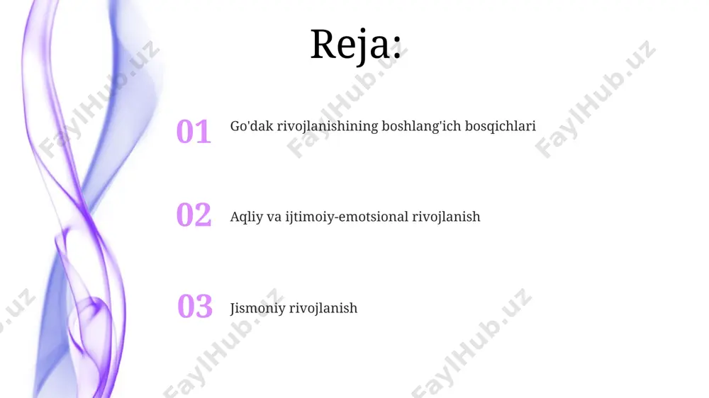 ilik, g'azab, qo'rquv) ifodalashni o'rganadilar va boshqalarning his-tuyg'ularini tushunishga harakat qiladilar, bu empatiya rivojlanishining boshlanishidir. 6 oyligida chaqaloqlar yaqin kishilarga tabassum qilish va kulish orqali ijobiy his-tuyg'ularini namoyon eta boshlaydilar, bu ularning ijtimoiy-emotsional rivojlanishining muhim ko'rsatkichidir. 12 oyligida chaqaloq ajralish tashvishiga duch kelishi mumkin, yaqin kishidan ajralganda yig'lash yoki norozilik bildirish orqali o'zining bog'lanish ehtiyojini ko'rsatadi. bu normal rivojlanish jarayonining bir qismidir. jismoniy rivojlanish tug'ilishdan 3 oygacha bo'lgan davrda chaqaloqlar boshini ushlab turishni, o'z-o'zidan qo'llarini og'iziga olib borishni va taxminan 60 gradusga yaqin burchak ostida o'tirishga harakat qilishlarini o'rganadilar. 6 oyligida chaqaloqlar o'tirishlari, qo'llarini o'zaro tutqazishlari va o'tirgan holatdan yonma-yon o'girilish kabi muhim motor ko'nikmalarini rivojlantiradilar. ko'pchilik 6-8 oylikda o'tiradi. 1 yoshga kelib, ko'pgina chaqaloqlar mustaqil yurishadi, ammo ba'zilari biroz kechroq yura boshlaydi. yurish uchun o'rtacha yoshi 11-12 oy hisoblanadi, lekin bu farq qilishi mumkin. o'yin va o'rganish 2 yoshga kelib, chaqaloqlar odatda 50 dan ortiq so'zdan iborat lug'atga ega …