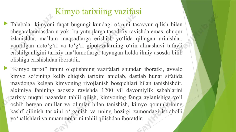 katta qiziqishlarga sabab bo'lgan, shu sababli keyingi 1700-1900-yillar davomida kimyo tarixini yoritishda bir talay izlanishlar olib borilgan. kimyo fani tarixi yoritilgan bir qancha asarlar mavjud, shulardan ilk bor t. bergman 2 tomdan iborat “kimyoning paydo bo'lishi" (1779-y). bu kitob birinchi nashr qilingan kimyo tarixi haqidagi ma'lumotdir. keyinchalik i. gmelin 1797-1799-yillarda 3 tomli “(o’n sakkizinchi yuz yillikning oxirlarida kimyonng fan sifatida shakllanish tarixi” nomli kitob nashr qilingan. xix asrning l-yarmida katta qiymatga ega bo‘lgan tomsonning 2 tomli “kimyo tarixi” (1830-1831), f. xyoferning 2 tomli “kimyo tarixining qadimgi vaqtdan hozirgi vaqtgacha bayoni” asarlari nashr qilingan. german kopp o'zining 50 yil umrini kimyo tarixini o’rganishga bag'ishlagan. shu mehnati asosida 4 tomli “kimyo tarixi” asarini 1843-1847-yillarda nashr qiladi, bu asar hozirgi vaqtgacha o‘z qiymatini yo'qotmagan asar hisoblanadi. german kopp birinchi marta kimyo tarixini davrlarga ajratib ilmiy asoslab bergan. kimyo tarixini o’rganishda zalvorli ingliz tilida yozilgan asarlardan biri dj. partington tomonidan yozilgan “kimyo tarixi” asaridir. …