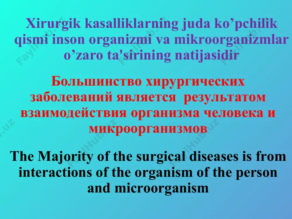 m increase the immunobiologic of power of the organism - a making the disadvantage conditions for developments microbial flora axolining maishiy sanitar-gigenik ahvolini yaxshilash, shu jumladan antibiotiklarni keng ko’lamda qullash xirurgik infeksiya rivojlanish sonini kamaytiradi улучшение материального благосостояния санитарно-гигенического уровня населения, а также широкое применение антибиотиков при гнойных заболеваниях способствует снижению частоты развития хирургической инфекции the improvement of material well-being sanitary-hygienic level populations, as well as broad using antibiotic under purulent disease promotes the reduction of the frequency of the development to surgical infection vaqt o’tishi bilan mikroblarning antibiotiklarga chidamli bo’lgan yangi shtammlari paydo bo’lishi natijasida, xirurgik muolajalarni talab qiluvchi yiringli kasalliklar ko’payadi. со временем возникают новые штаммы микробов, устойчивые к антибиотикам, в результате чего вновь отмечается увеличение гнойных заболеваний, требующих хирургического вмешательства since time appear new strains microbes firm to antibiotics with the result that is it newly noted increase the purulent diseases, requiring surgical interference oxirgi yillarda xirurgik …